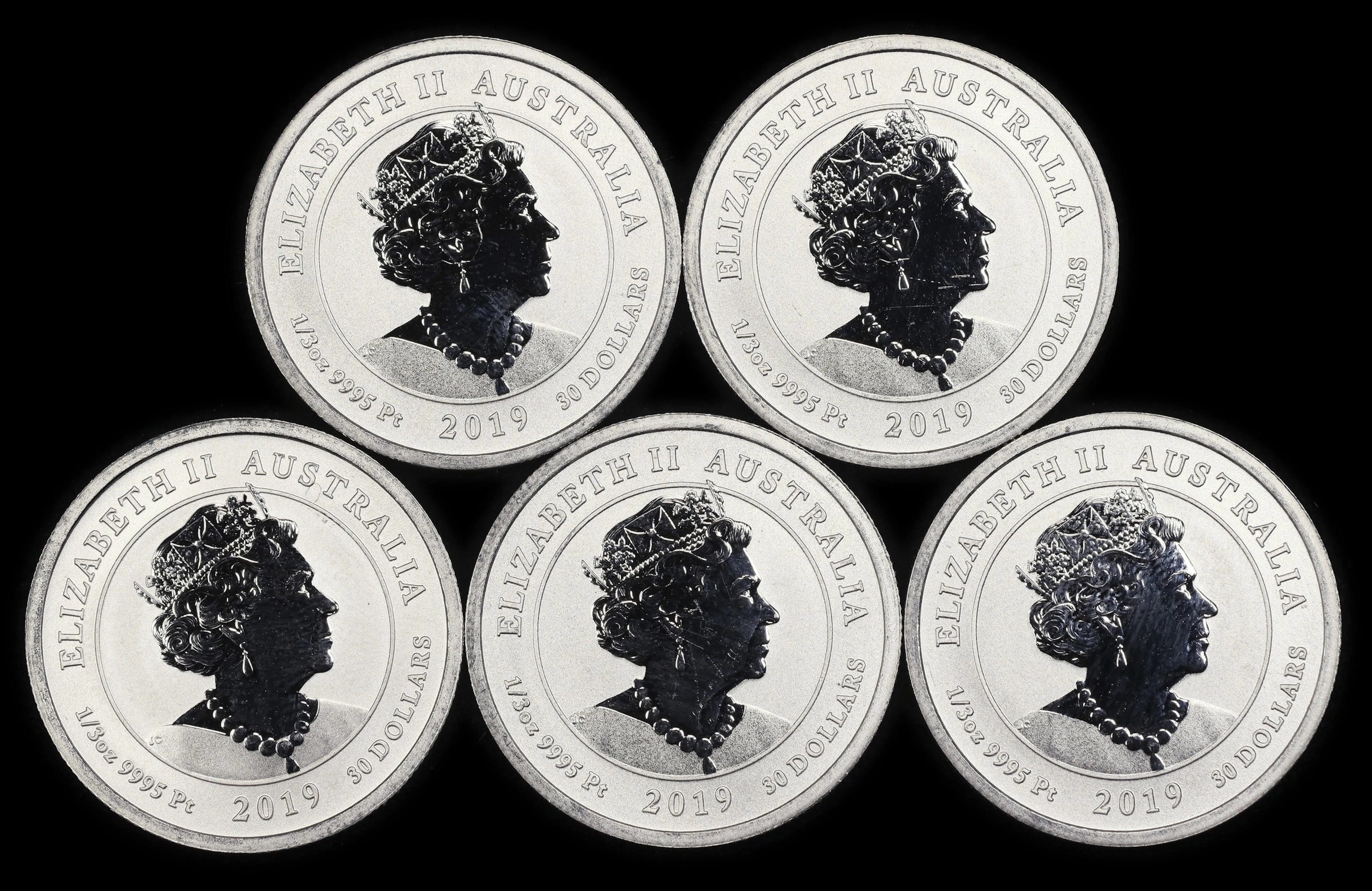 (1.667 oz, 51.84 g APtW). Australia. Lot of (5) 2019 Humpback Whale