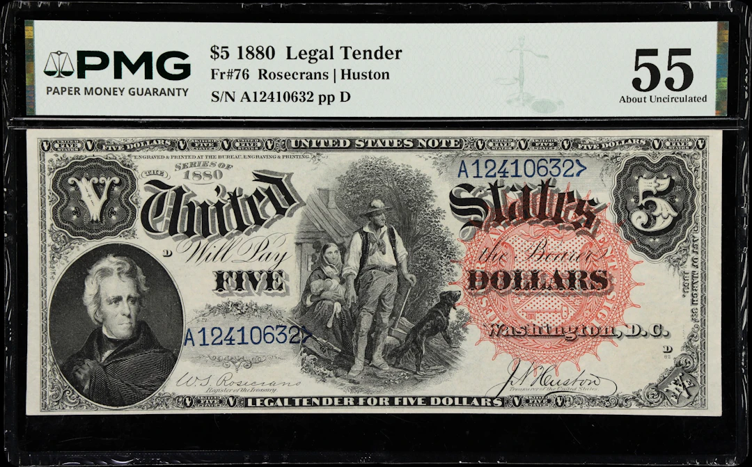 Fr. 76. 1880 $5 Legal Tender Note. PMG About Uncirculated 55.