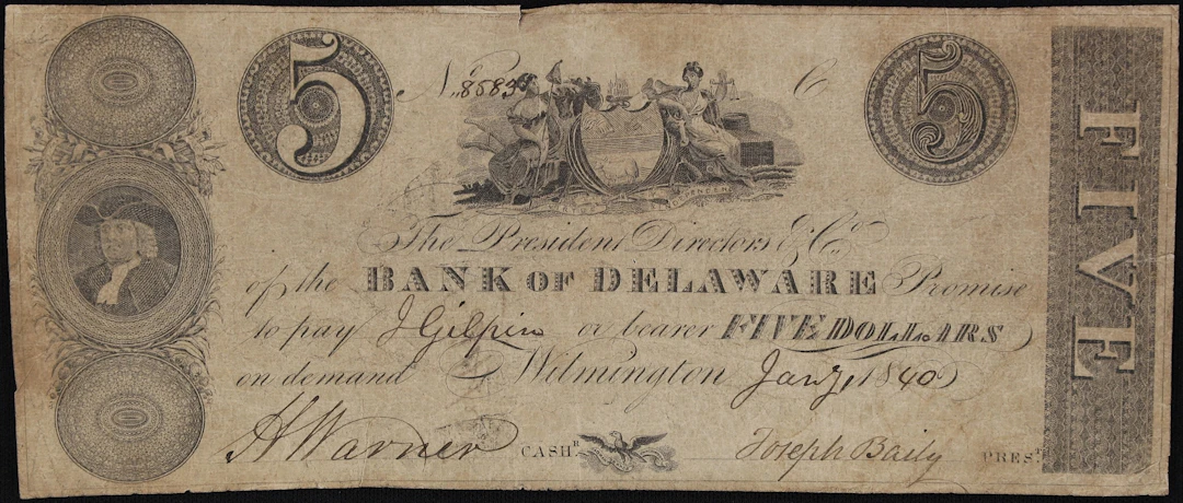 Wilmington, Delaware. Bank of Delaware. 1840 $5. Fine.