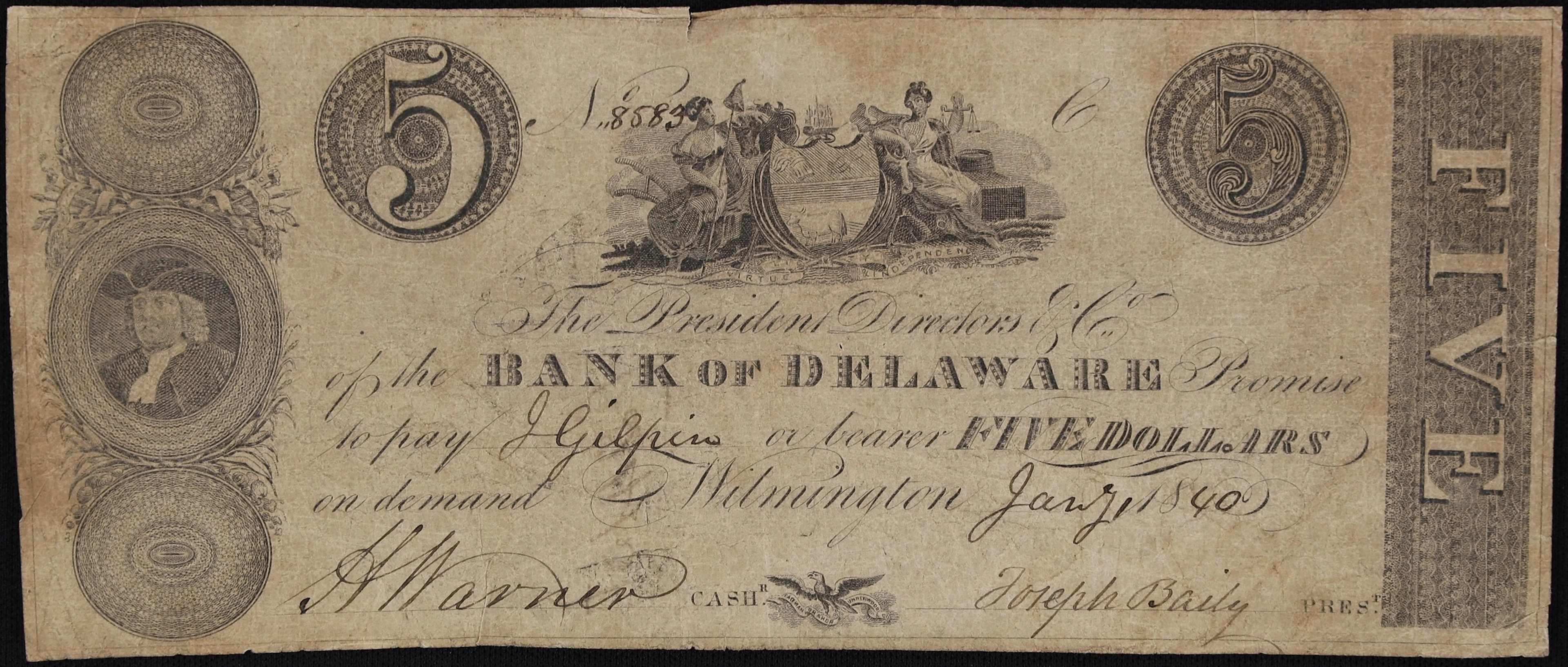 Wilmington, Delaware. Bank of Delaware. 1840 $5. Fine.