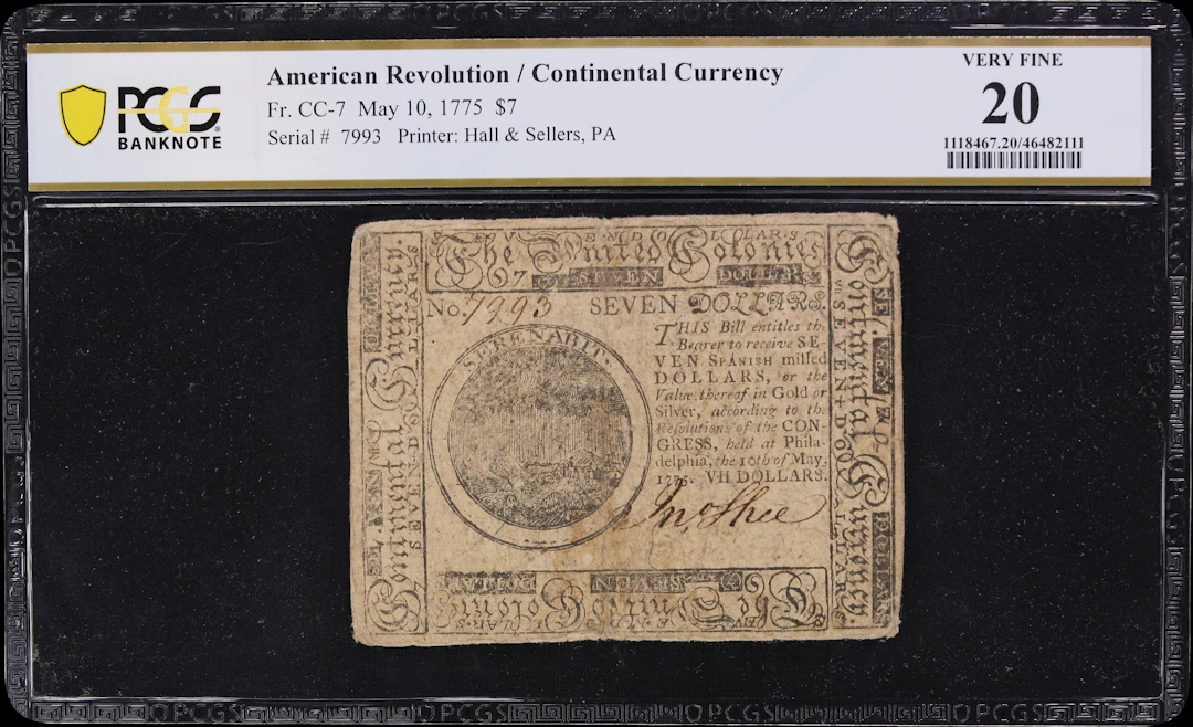 CC-7. Confederate Currency. May 10, 1775 $7. PCGS Currency Very Fine 20.