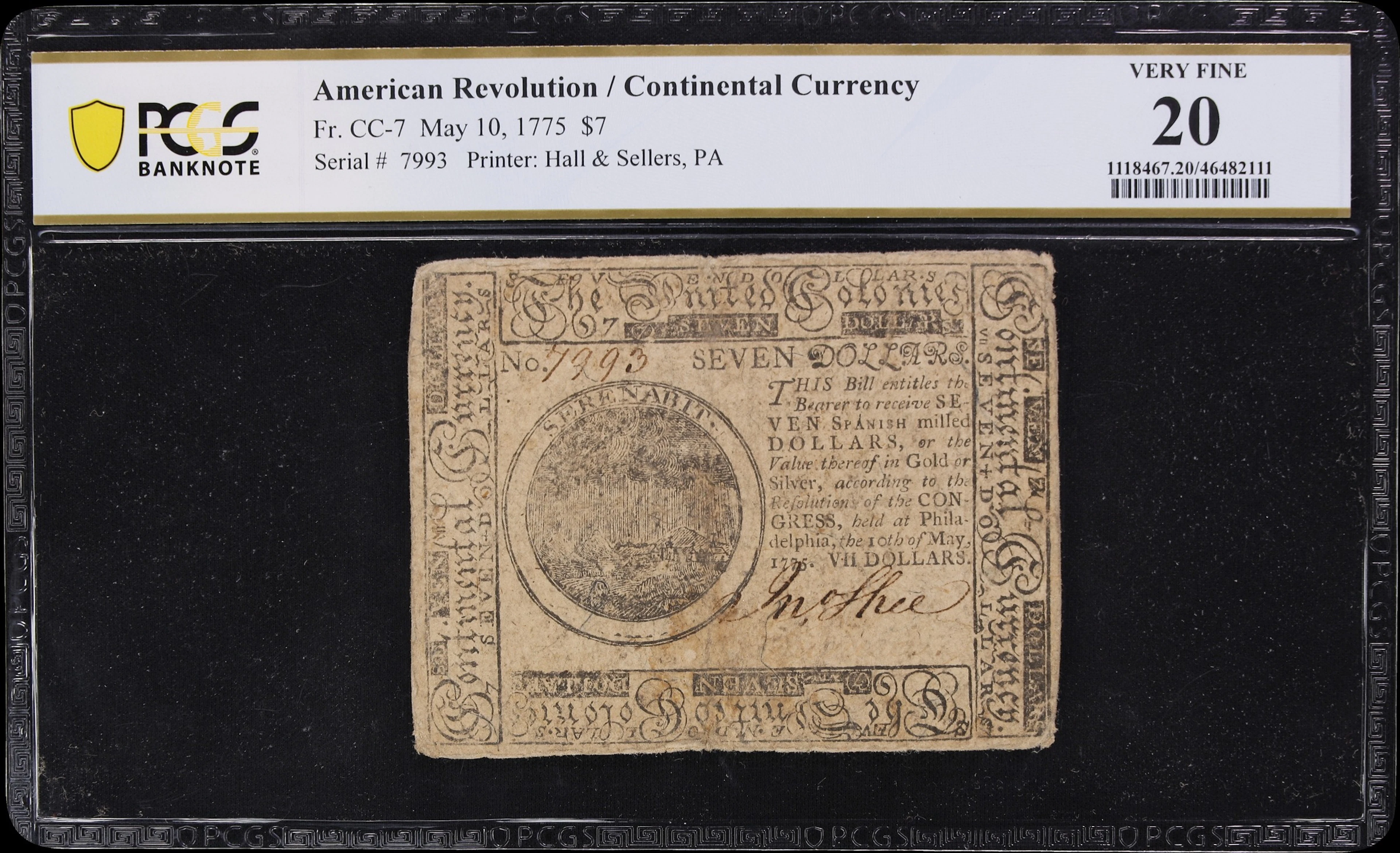 CC-7. Confederate Currency. May 10, 1775 $7. PCGS Currency Very Fine 20.