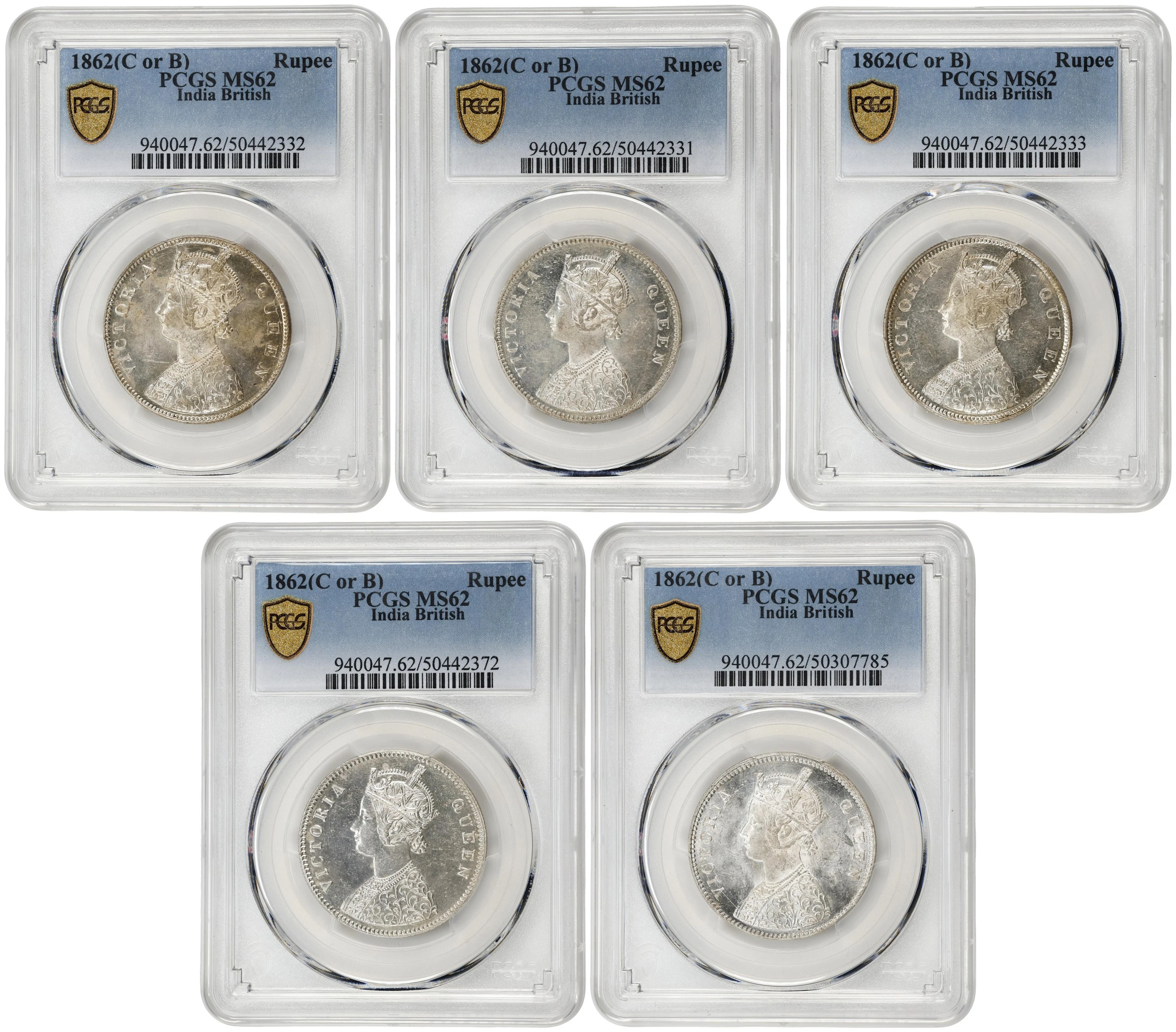 INDIA. Quintet of Rupees (5 Pieces), 1862-(B). Bombay Mint. Victoria.