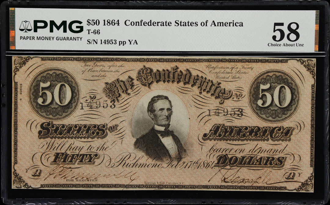 T-66. Confederate Currency. 1864 $50. PMG Choice About Uncirculated 58.