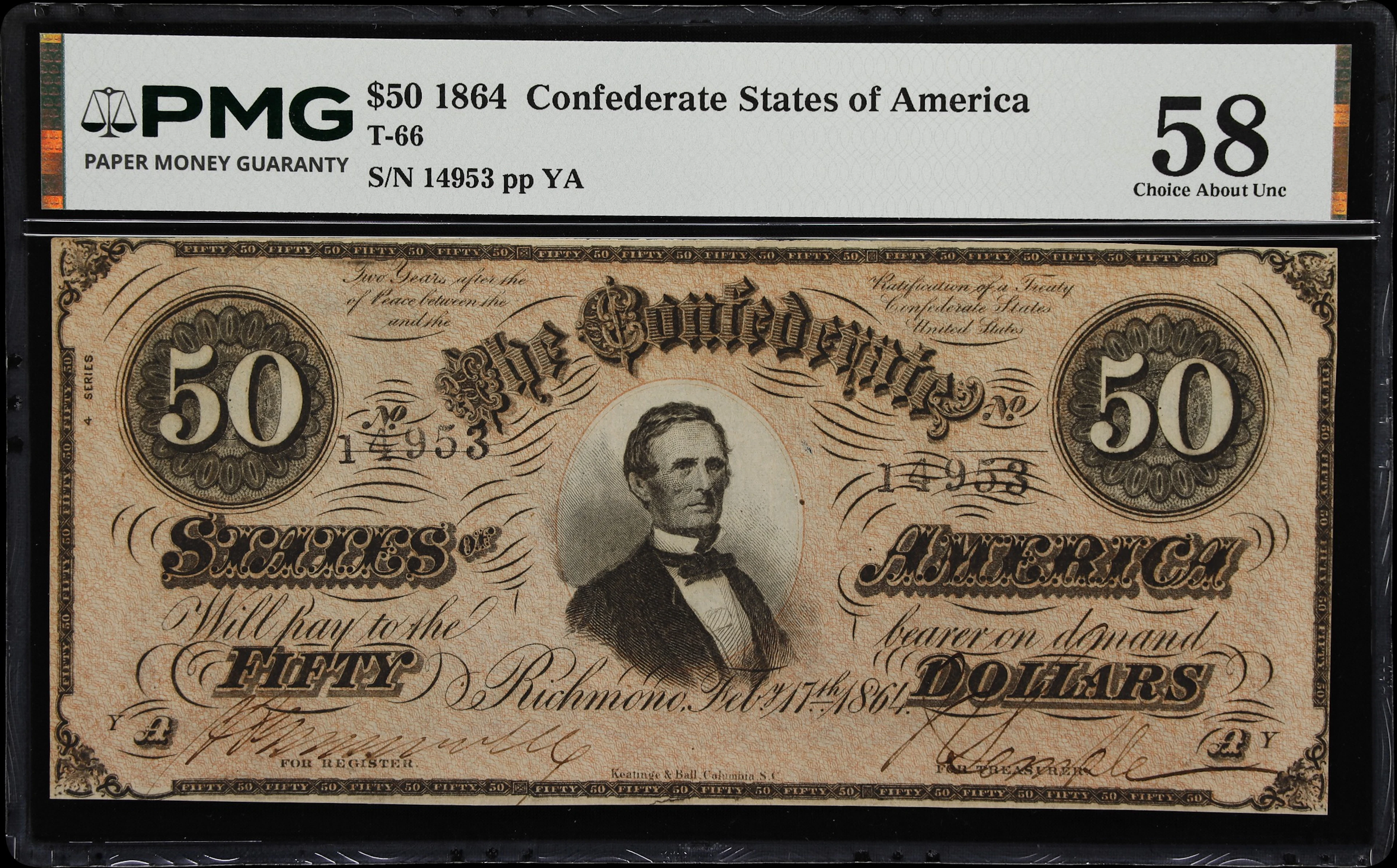 T-66. Confederate Currency. 1864 $50. PMG Choice About Uncirculated 58.
