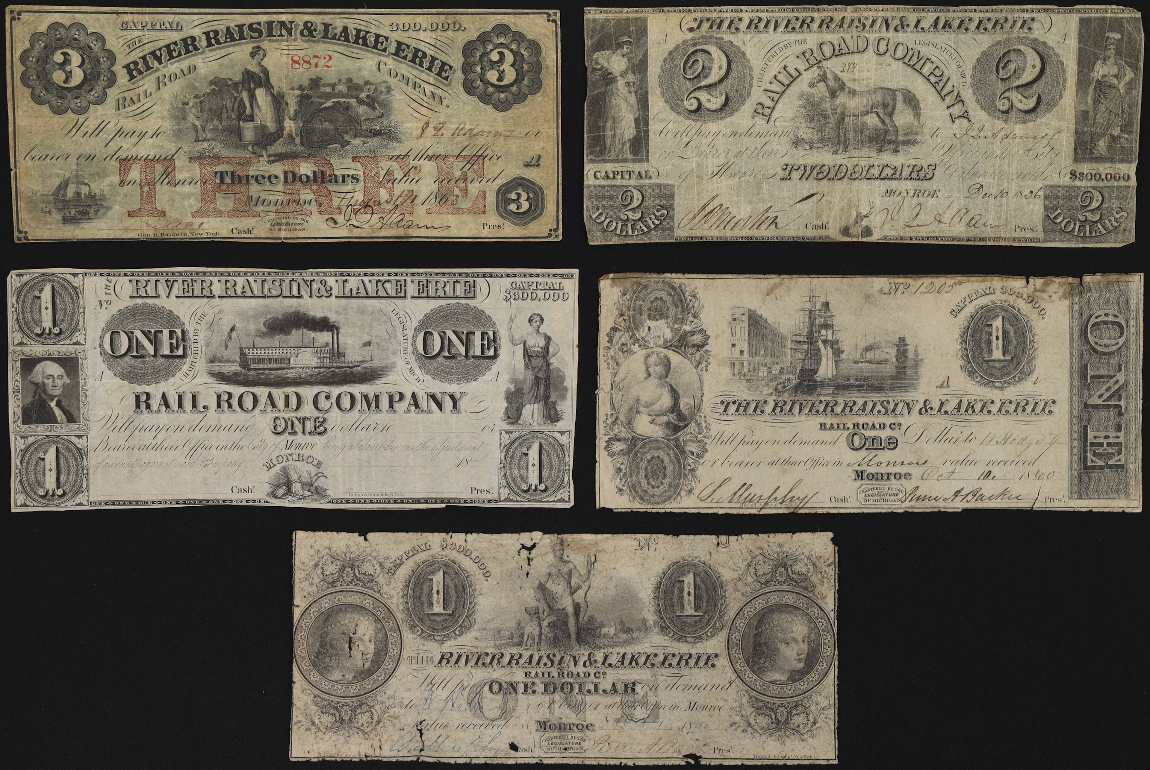 Lot of (5) Michigan Obsoletes. Mixed Issuers. 1836 - 63 $1, $2, &
