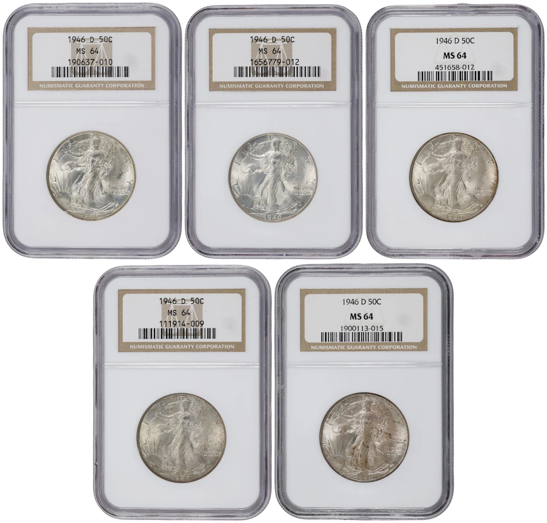 Lot of (5) 1946-D Walking Liberty Half Dollars. MS-64 (NGC).