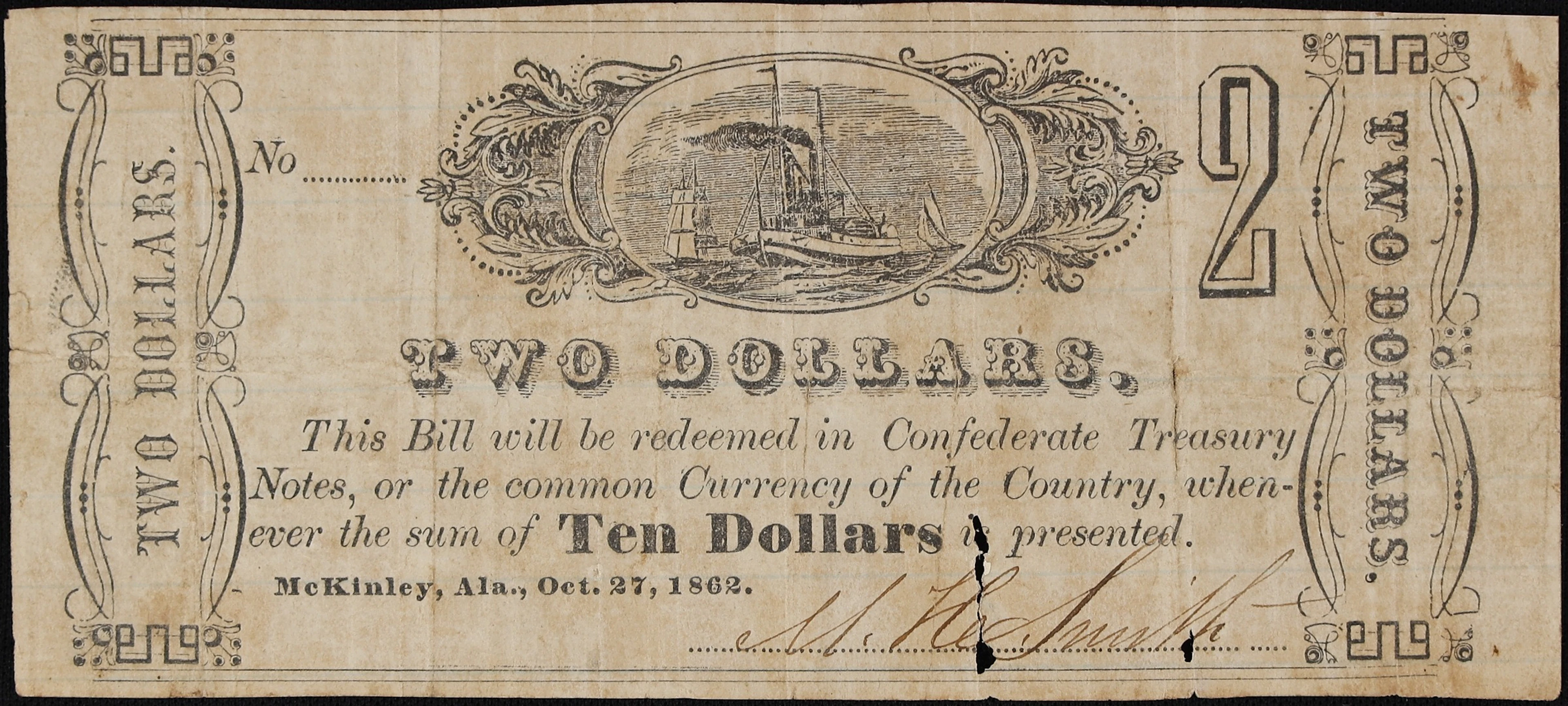 McKinley, Alabama. City of McKinley. 1862 $2. Very Fine.
