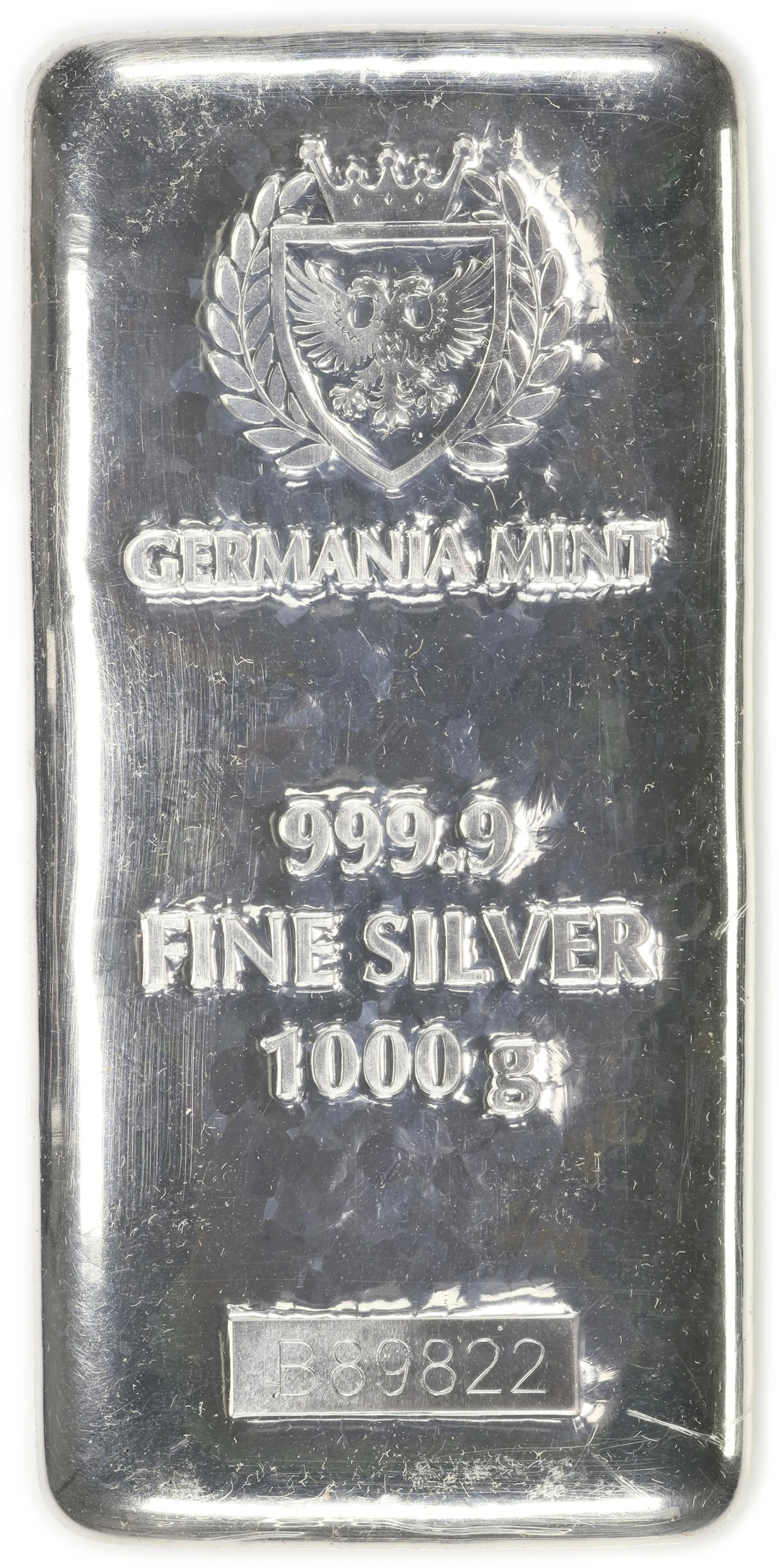 (32.151 oz, 1000 g ASW). Germania Mint 1 Kilo Silver Bar.