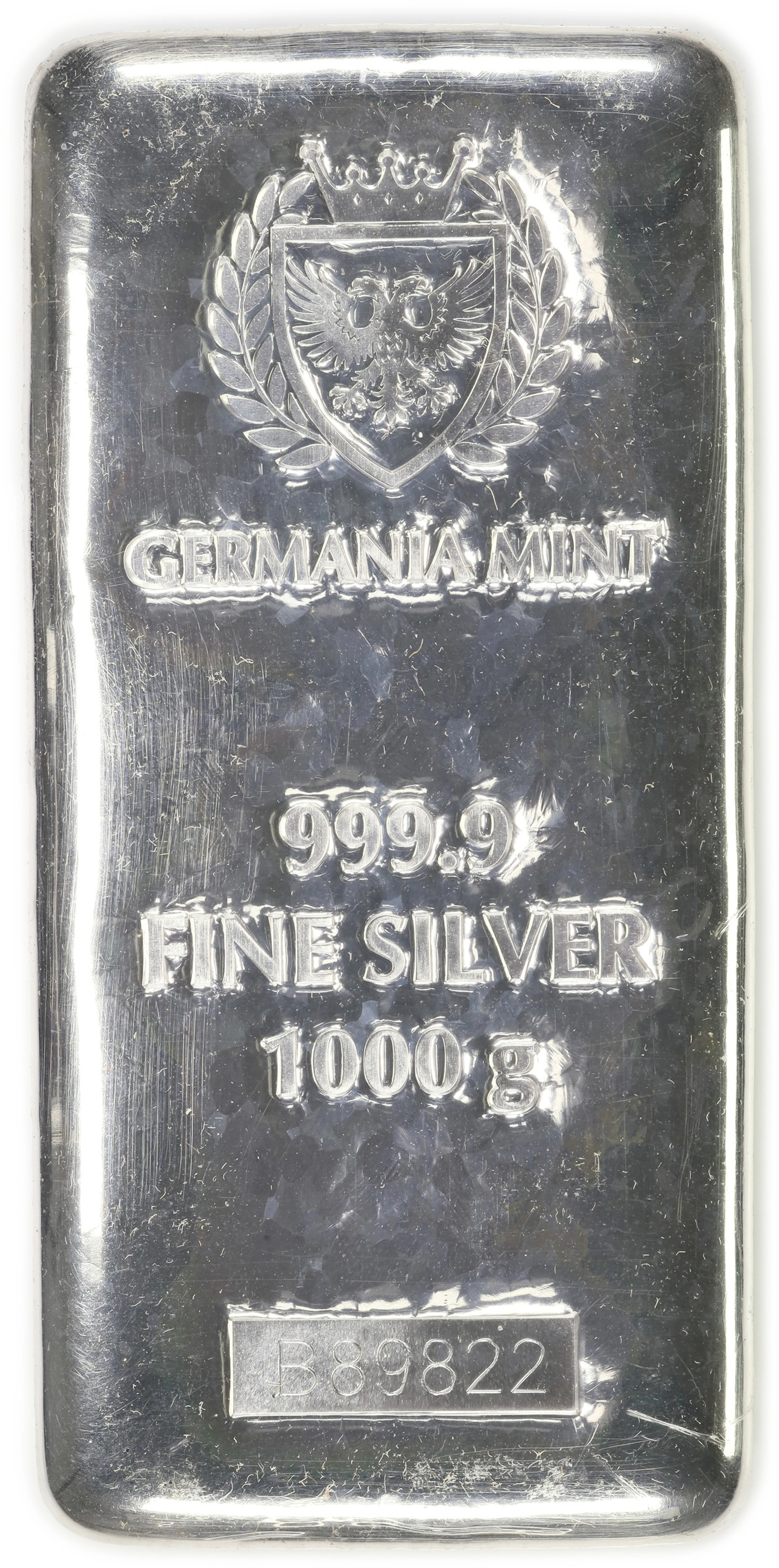 (32.151 oz, 1000 g ASW). Germania Mint 1 Kilo Silver Bar.