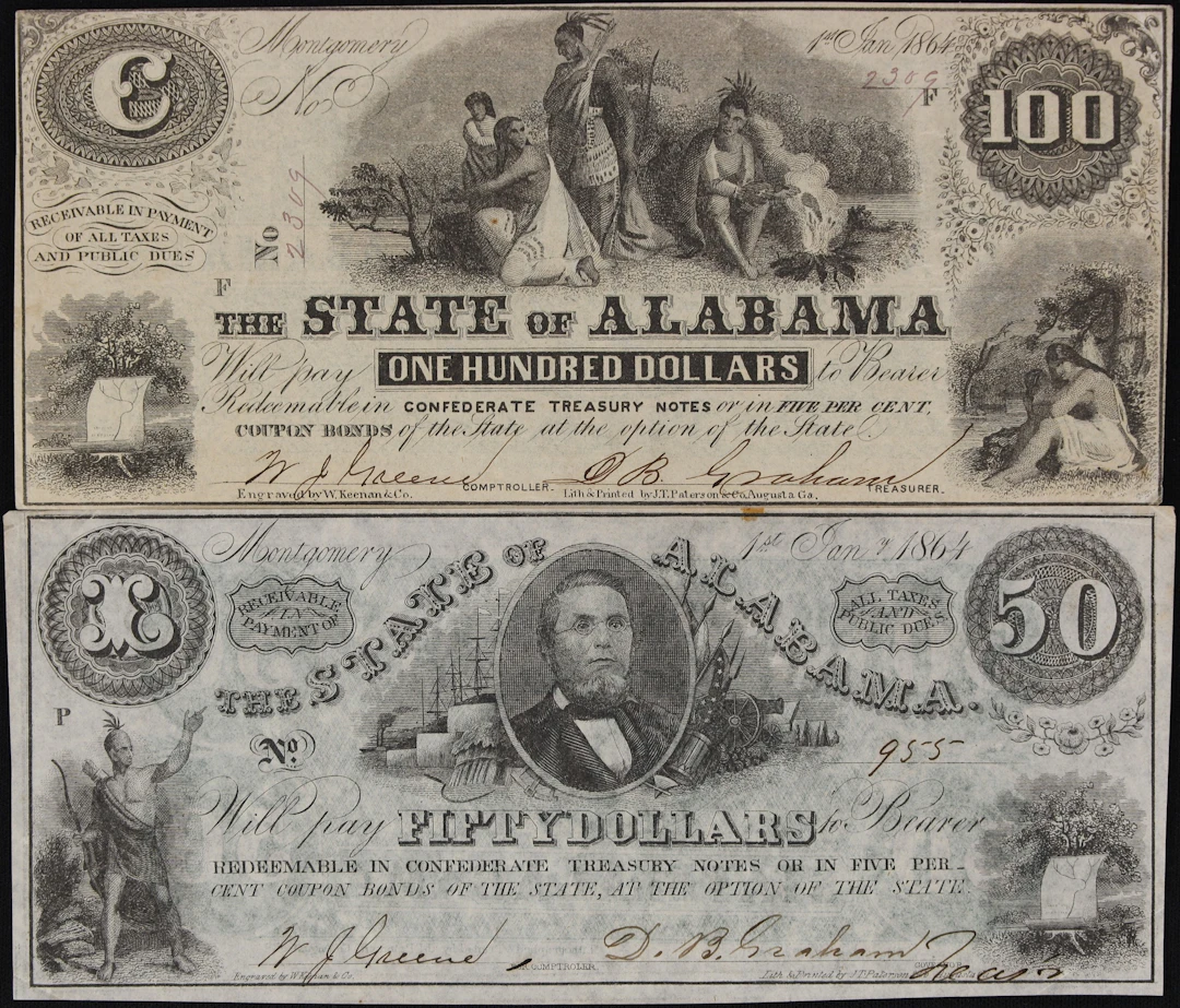 Lot of (2) Montgomery, Alabama. State of Alabama. 1864 $50 & $100.