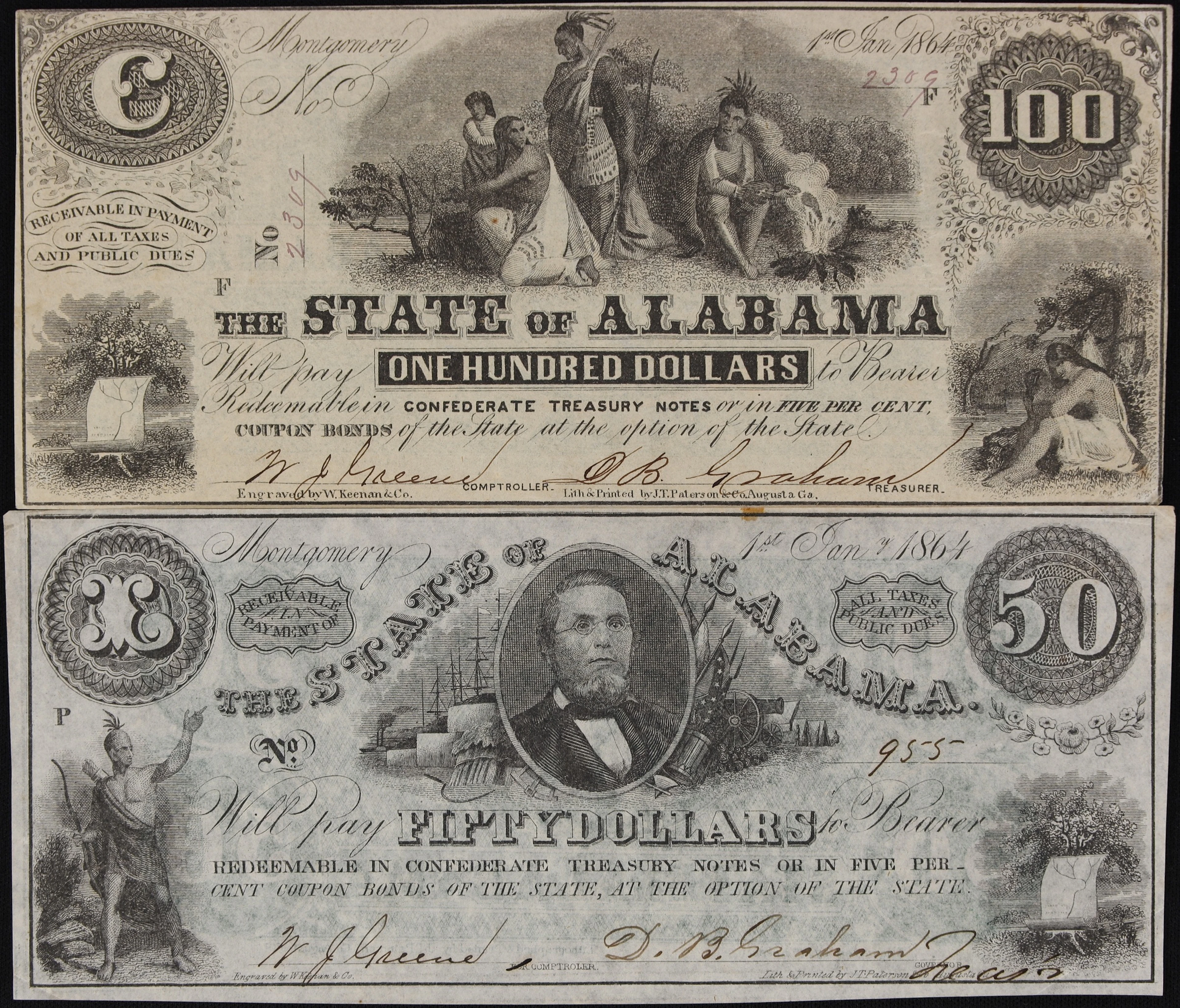 Lot of (2) Montgomery, Alabama. State of Alabama. 1864 $50 & $100.