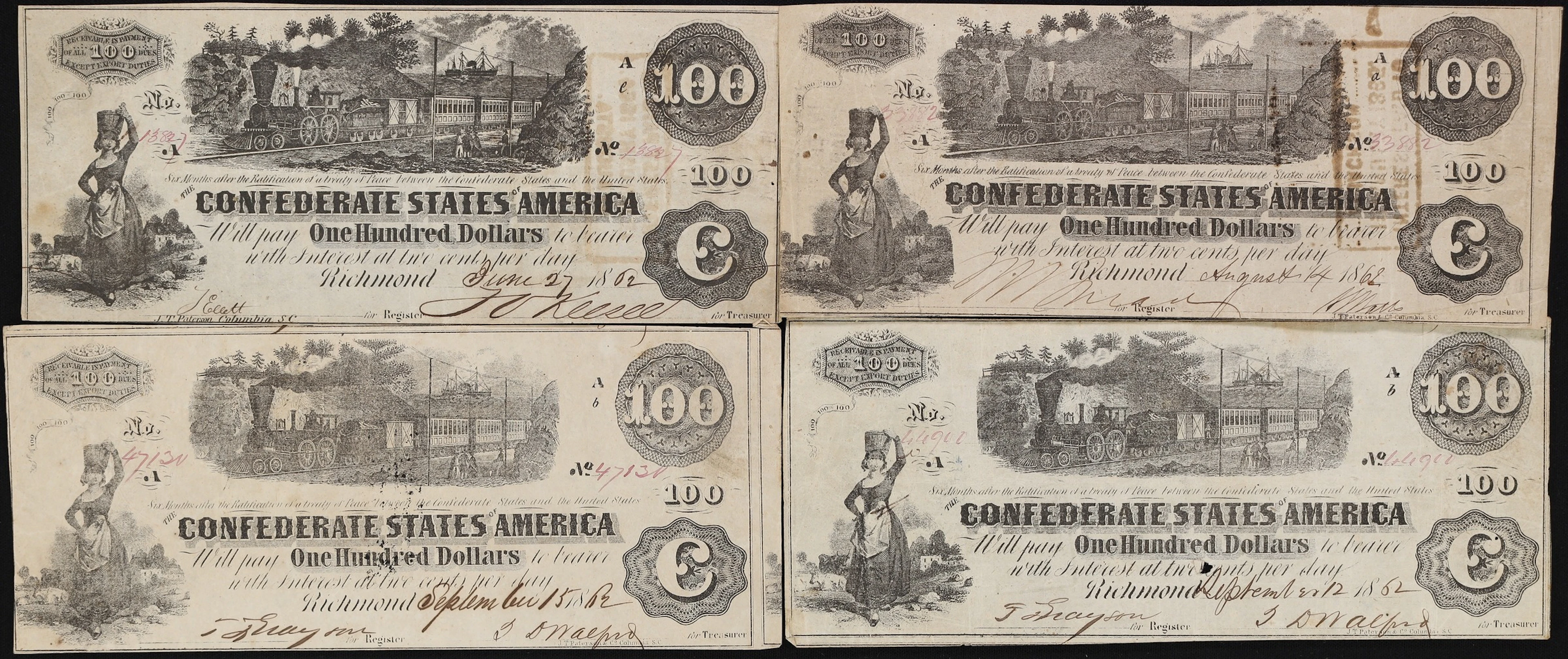 Lot of (4) T-39 & T-40. Confederate Currency. 1862 $100. Very Fine.