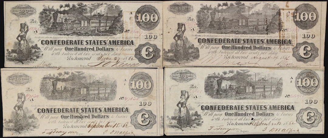 Lot of (4) T-39 & T-40. Confederate Currency. 1862 $100. Very Fine.