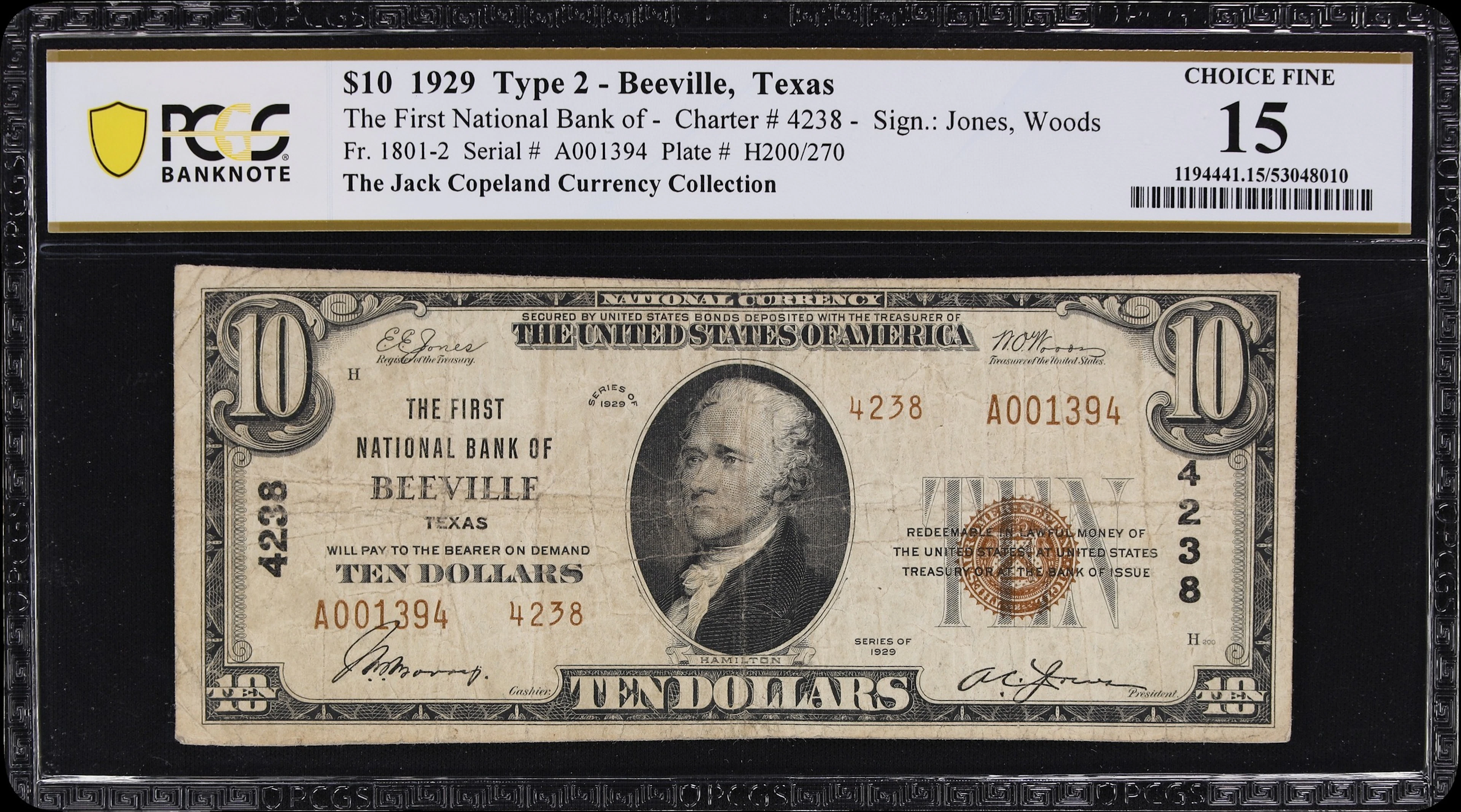 Beeville, Texas. $10 1929 Ty. 2. Fr. 1801-2. First NB. Charter #4238.