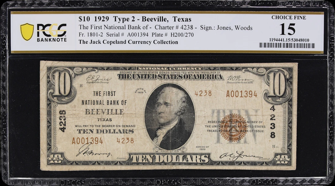 Beeville, Texas. $10 1929 Ty. 2. Fr. 1801-2. First NB. Charter #4238.