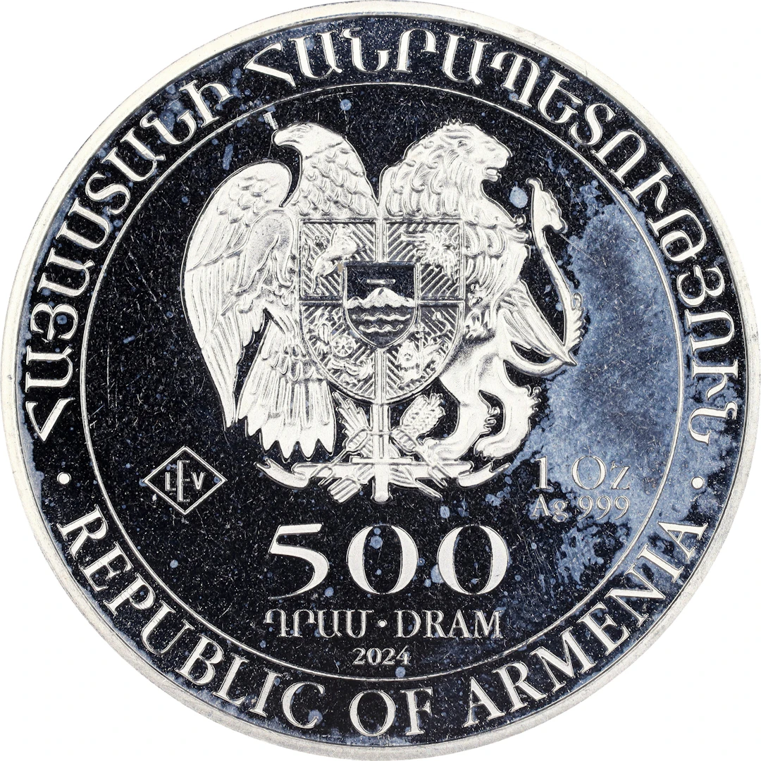 (1 oz, 31.104 g ASW). Armenia. 2024 Noah's Ark Silver 500 Dram.
