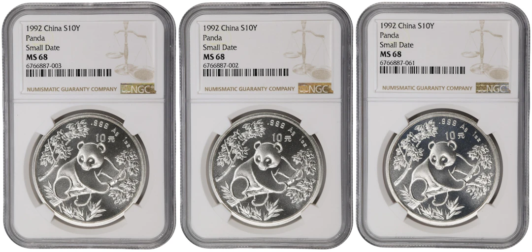 (t) CHINA. Trio of Silver 10 Yuan (3 Pieces), 1992. Panda Series.