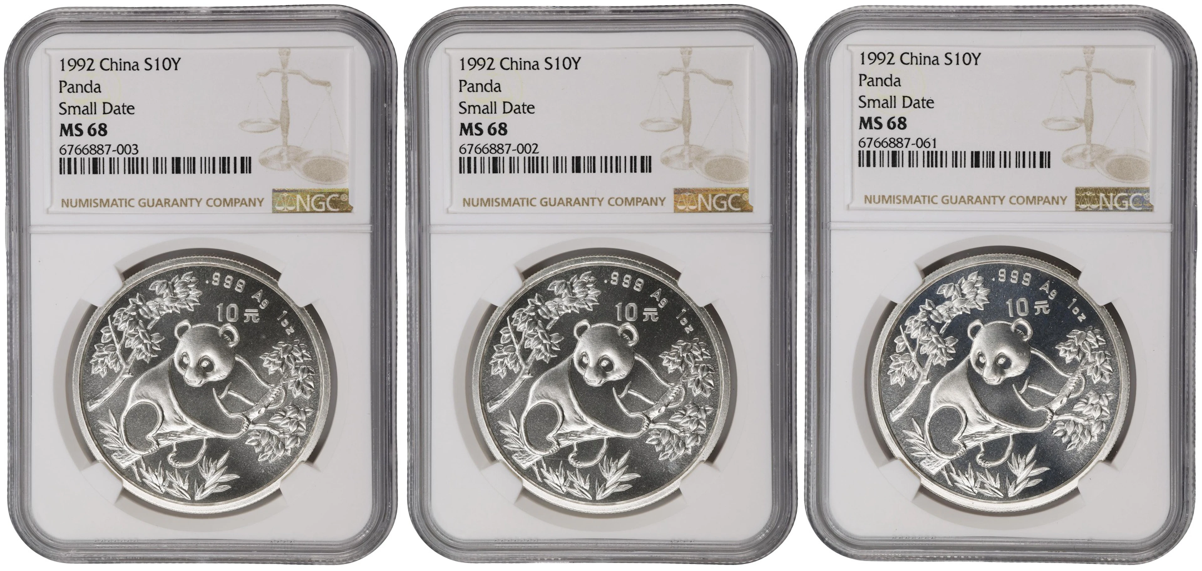 (t) CHINA. Trio of Silver 10 Yuan (3 Pieces), 1992. Panda Series.