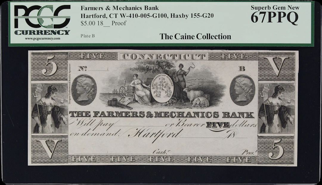 Hartford, Connecticut. Farmers & Mechanics Bank. 18xx $5. PCGS Currency
