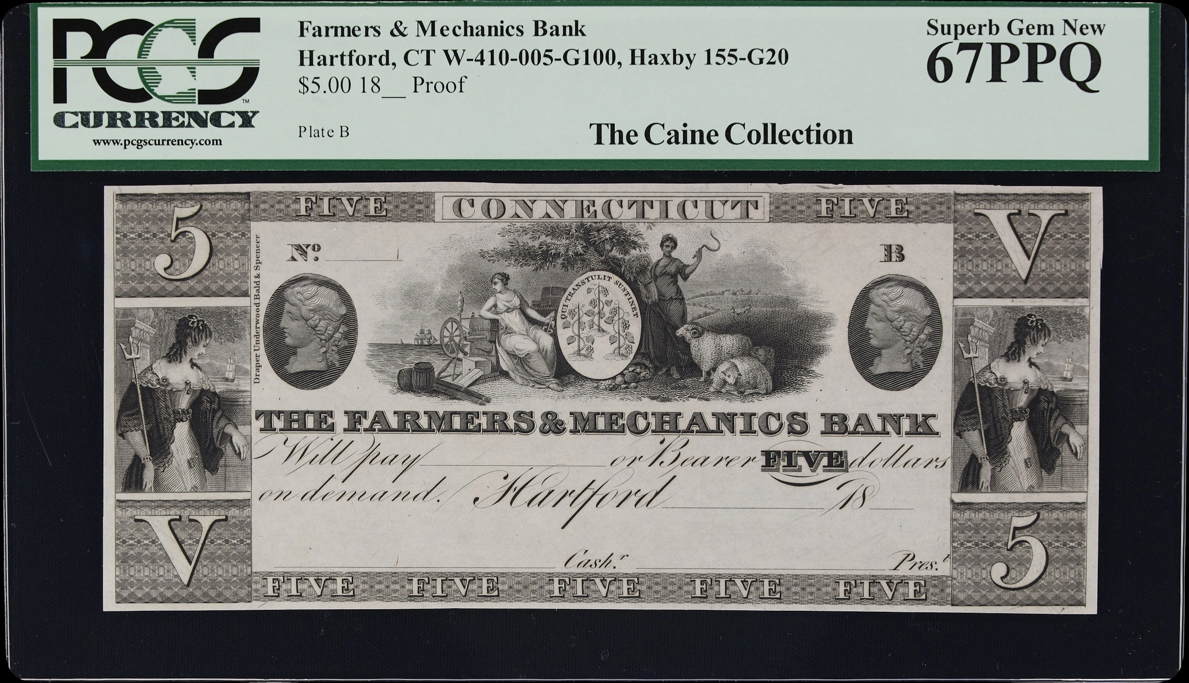 Hartford, Connecticut. Farmers & Mechanics Bank. 18xx $5. PCGS Currency