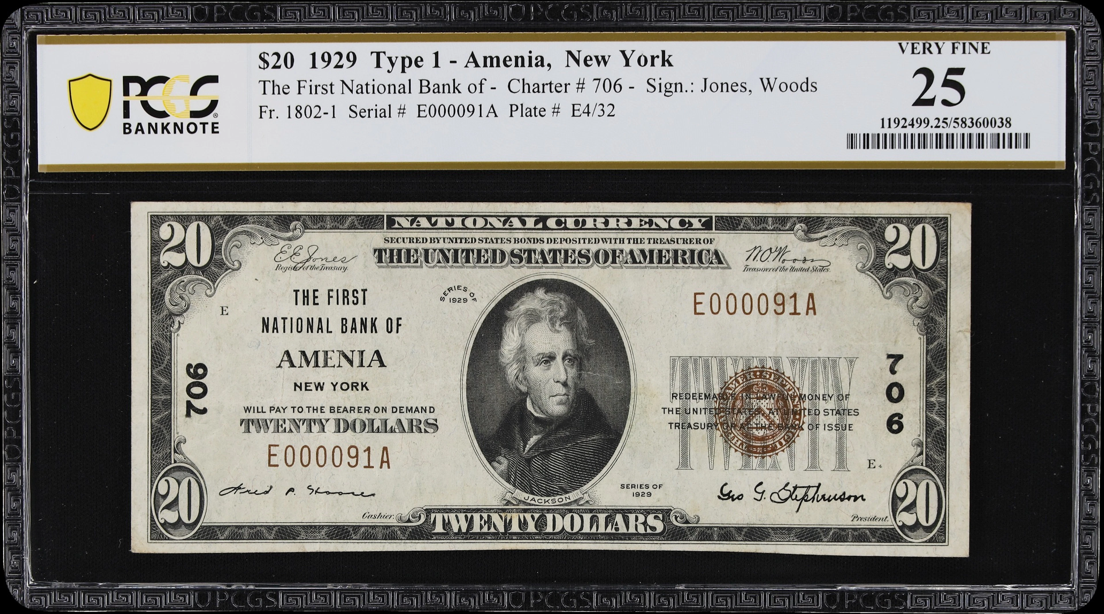 Amenia, New York. 1929 Ty. 1 $20 Fr. 1802-1. First NB. Charter #706.