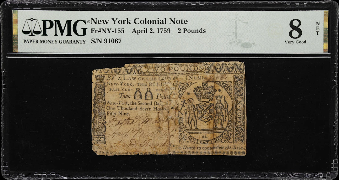 NY-155. New York. April 2, 1759. 2 Pounds. PMG Very Good 8 Net. Repaired