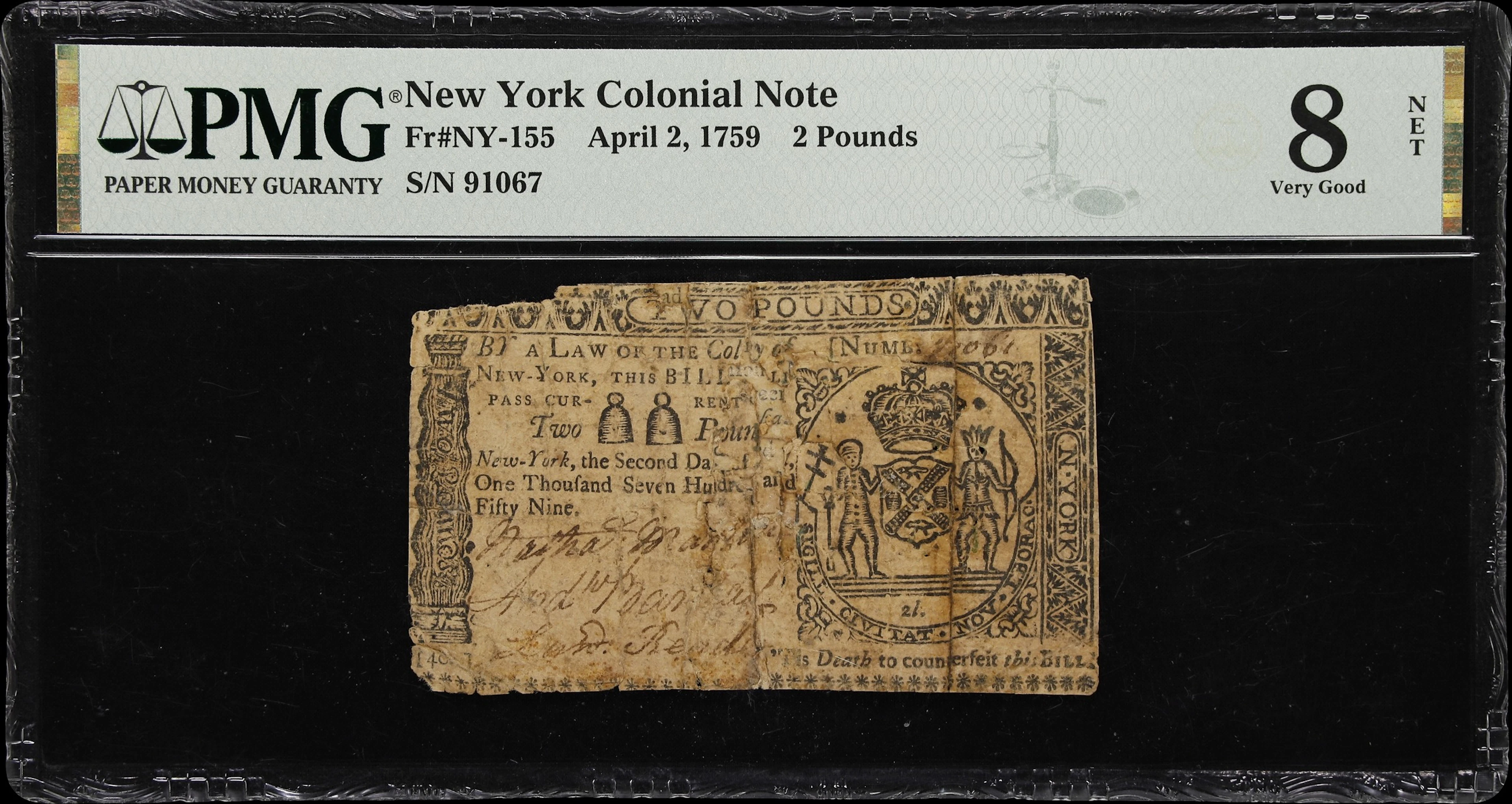 NY-155. New York. April 2, 1759. 2 Pounds. PMG Very Good 8 Net. Repaired