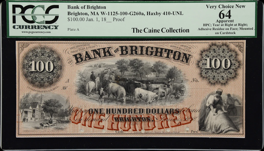 Brighton, Massachusetts. Bank of Brighton. 18xx $100. PCGS Currency