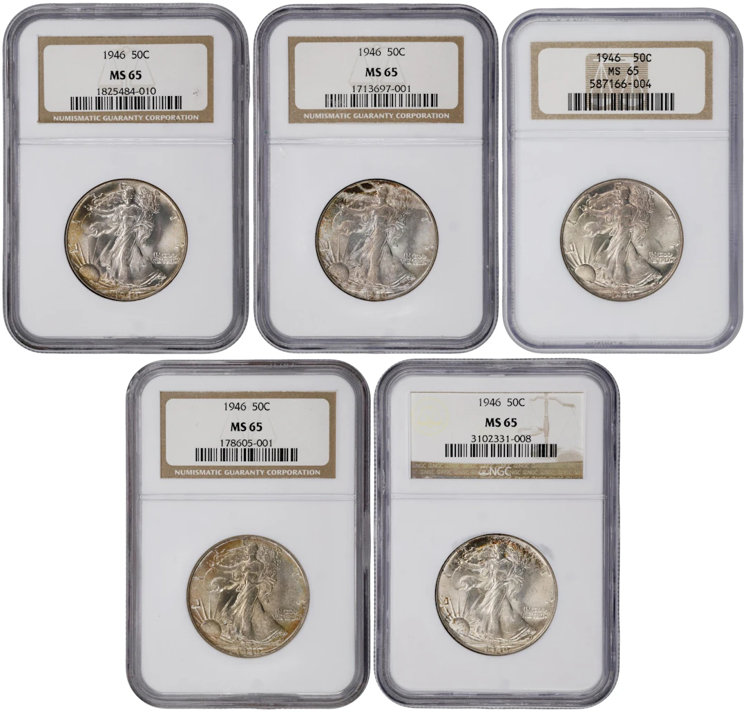 Lot of (5) 1946 Walking Liberty Half Dollars. MS-65 (NGC).