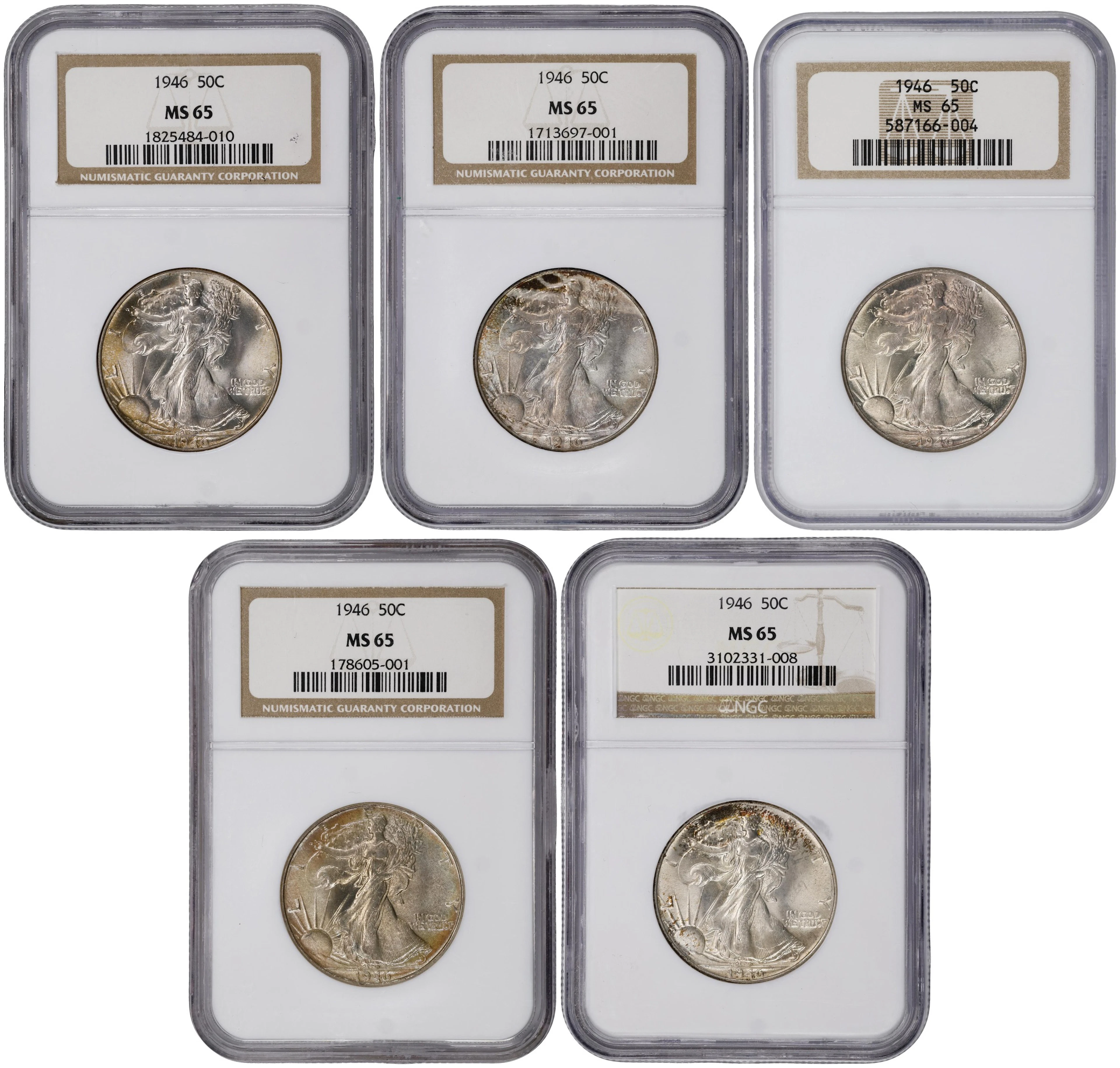 Lot of (5) 1946 Walking Liberty Half Dollars. MS-65 (NGC).