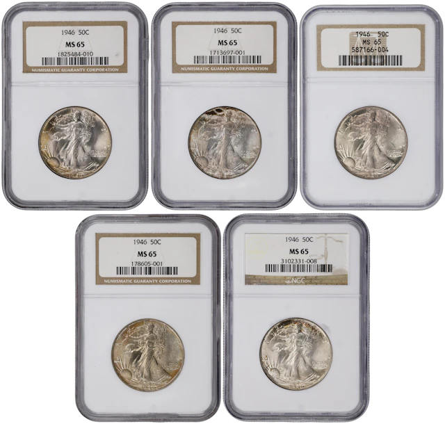 Lot of (5) 1946 Walking Liberty Half Dollars. MS-65 (NGC).
