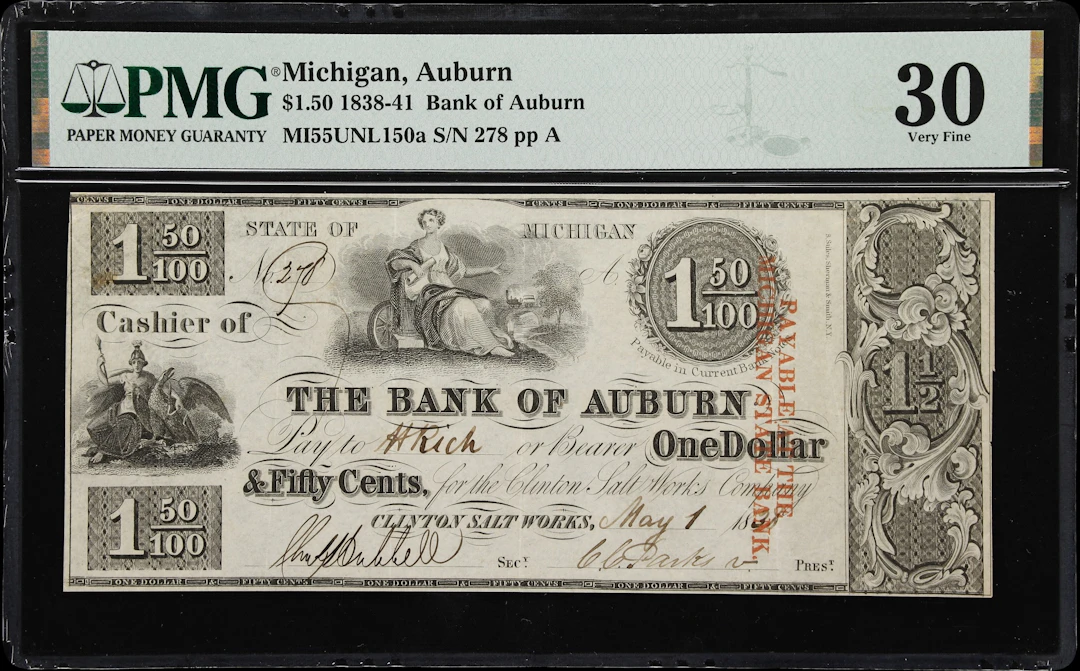 Auburn, Michigan. Bank of Auburn. 1838 $1.50. PMG Very Fine 30.