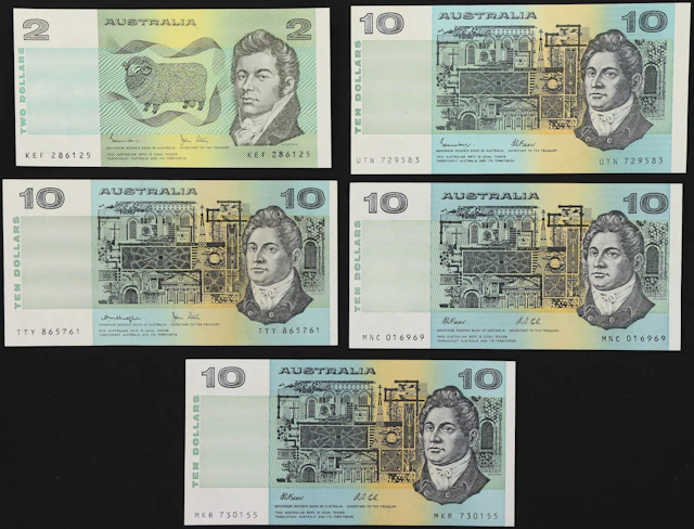 AUSTRALIA. Lot of (5). Reserve Bank of Australia. 2 & 10 Dollars