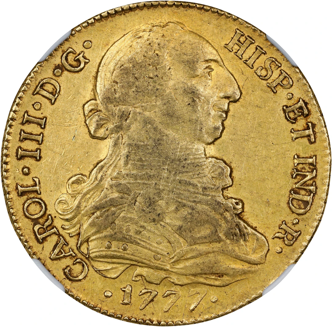 CHILE. 8 Escudos, 1777/6-So DA. Santiago Mint. Charles III. NGC EF-45.