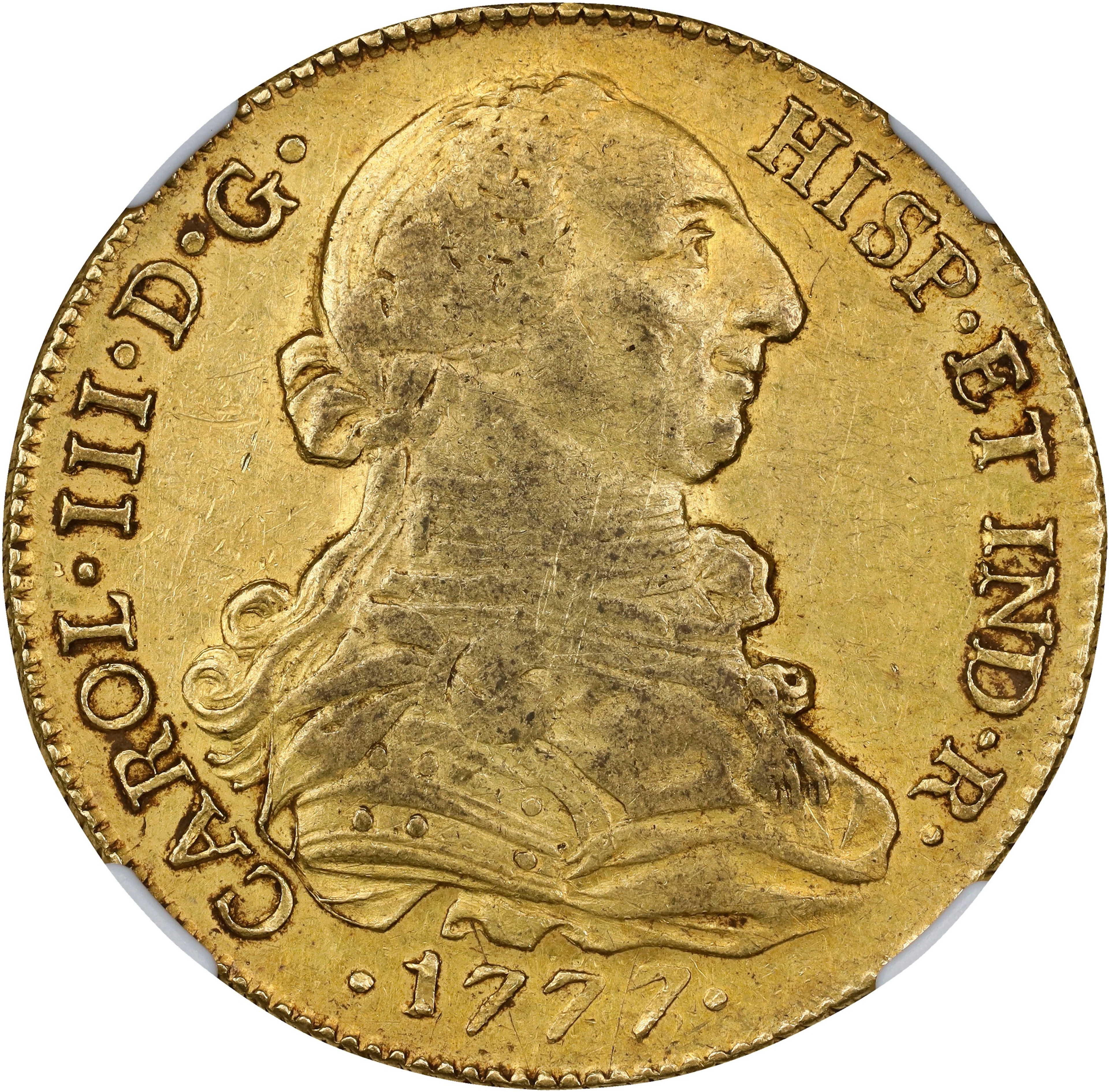 CHILE. 8 Escudos, 1777/6-So DA. Santiago Mint. Charles III. NGC EF-45.