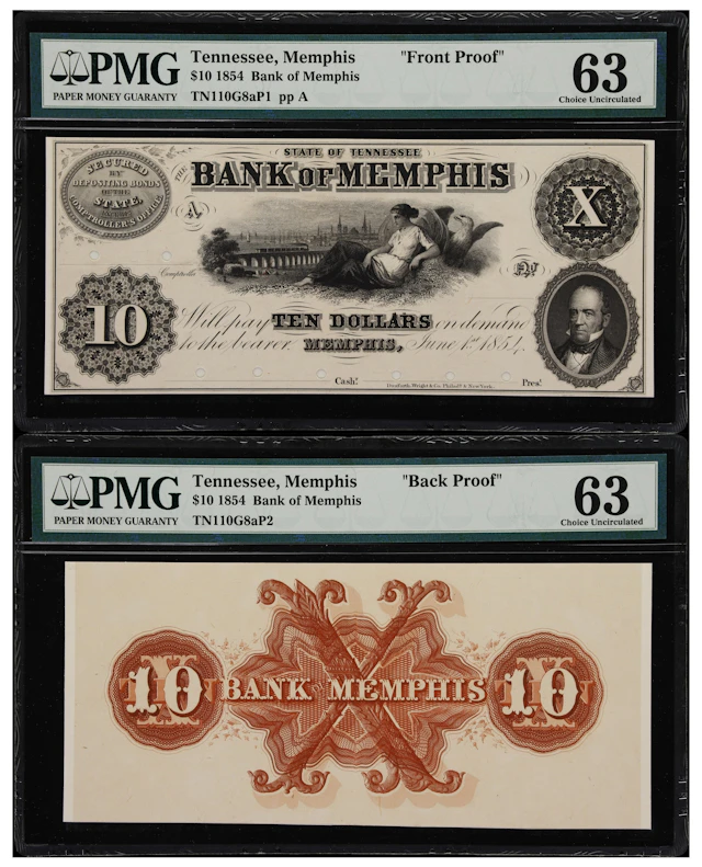 Lot of (2) Memphis, Tennessee. Bank of Memphis. 1854 $10. PMG Choice