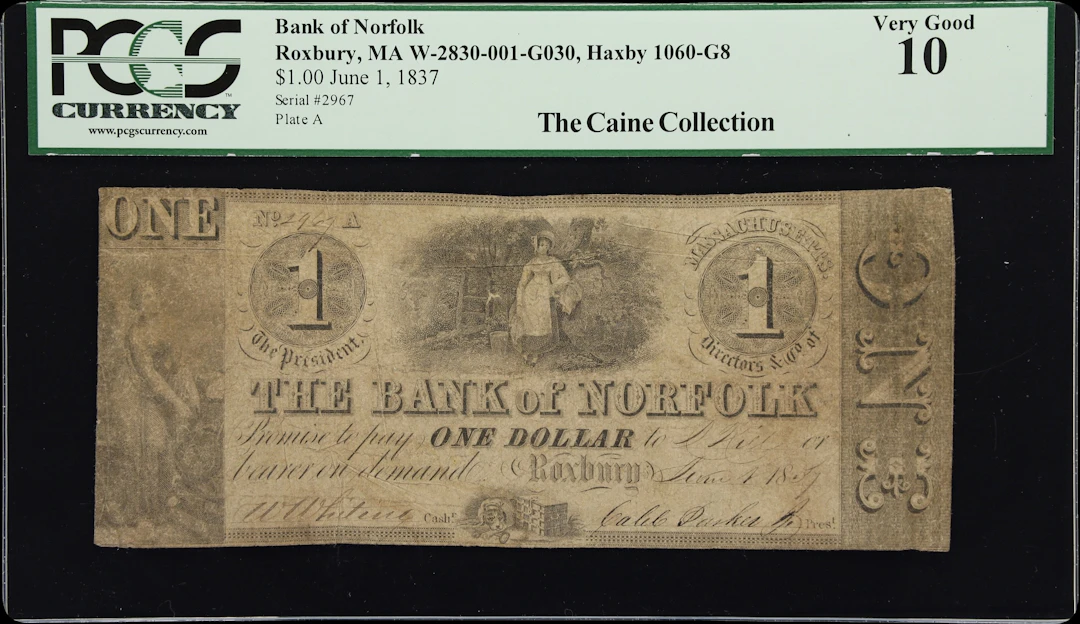 Roxbury, Massachusetts. Bank of Norfolk. 1837 $1. PCGS Currency Very Good 10.