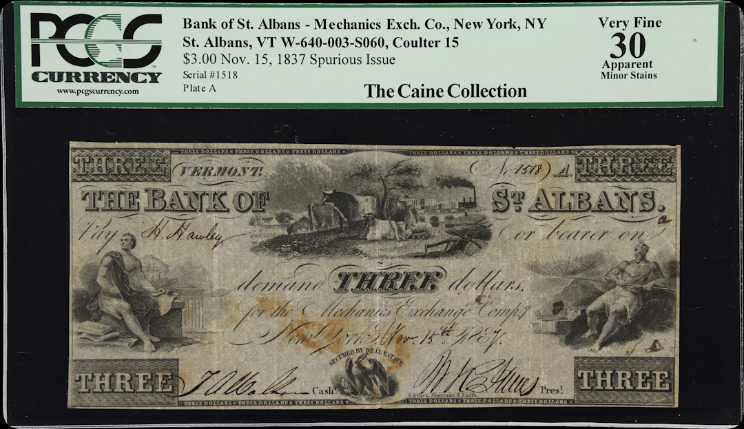 St. Albans, Vermont. Bank of St. Albans. 1837 $3. PCGS Currency Very