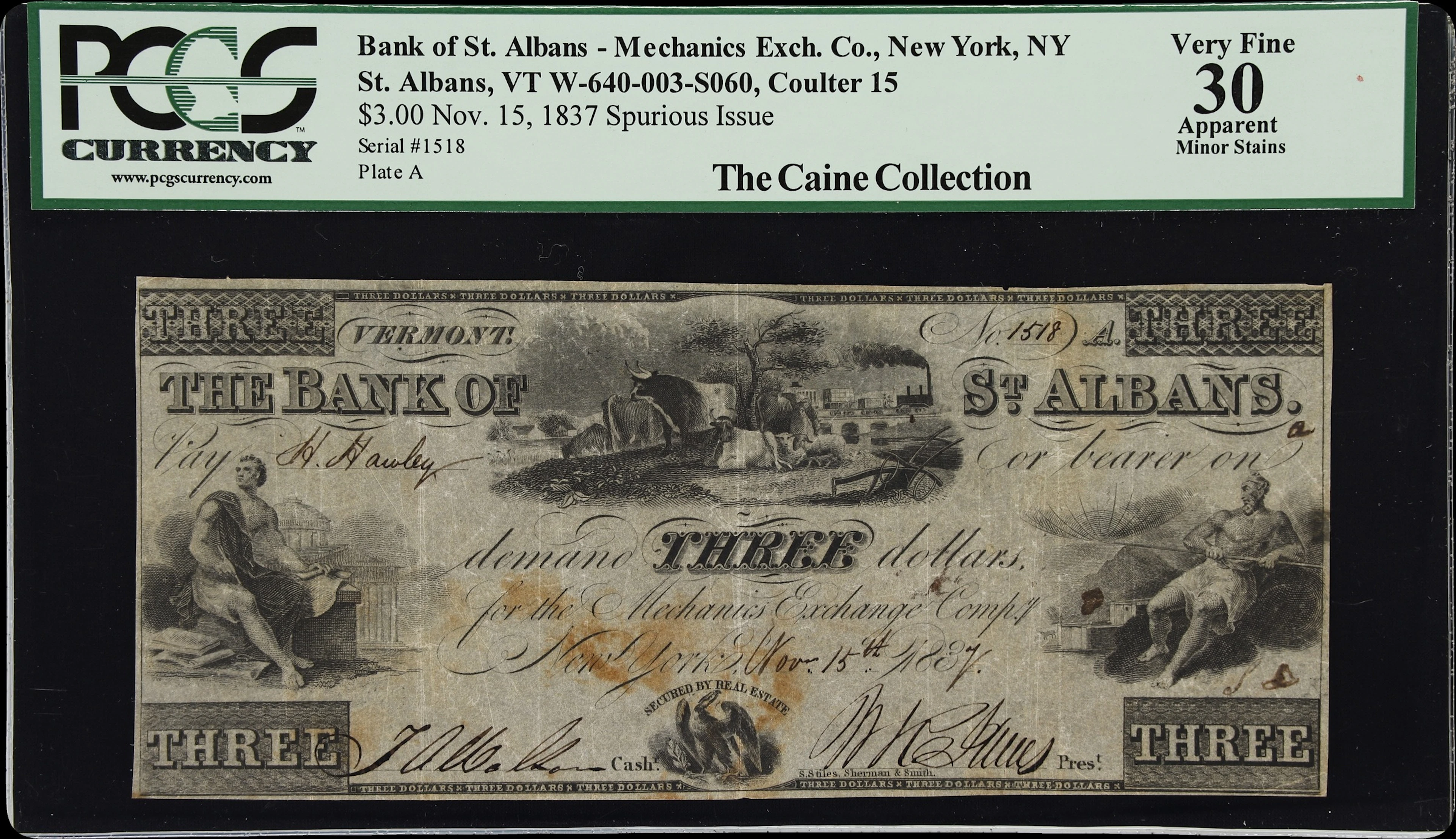 St. Albans, Vermont. Bank of St. Albans. 1837 $3. PCGS Currency Very