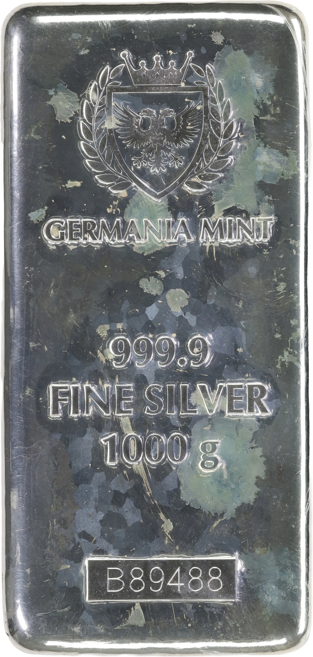 (32.151 oz, 1000 g ASW). Germania Mint 1 Kilo Silver Bar.