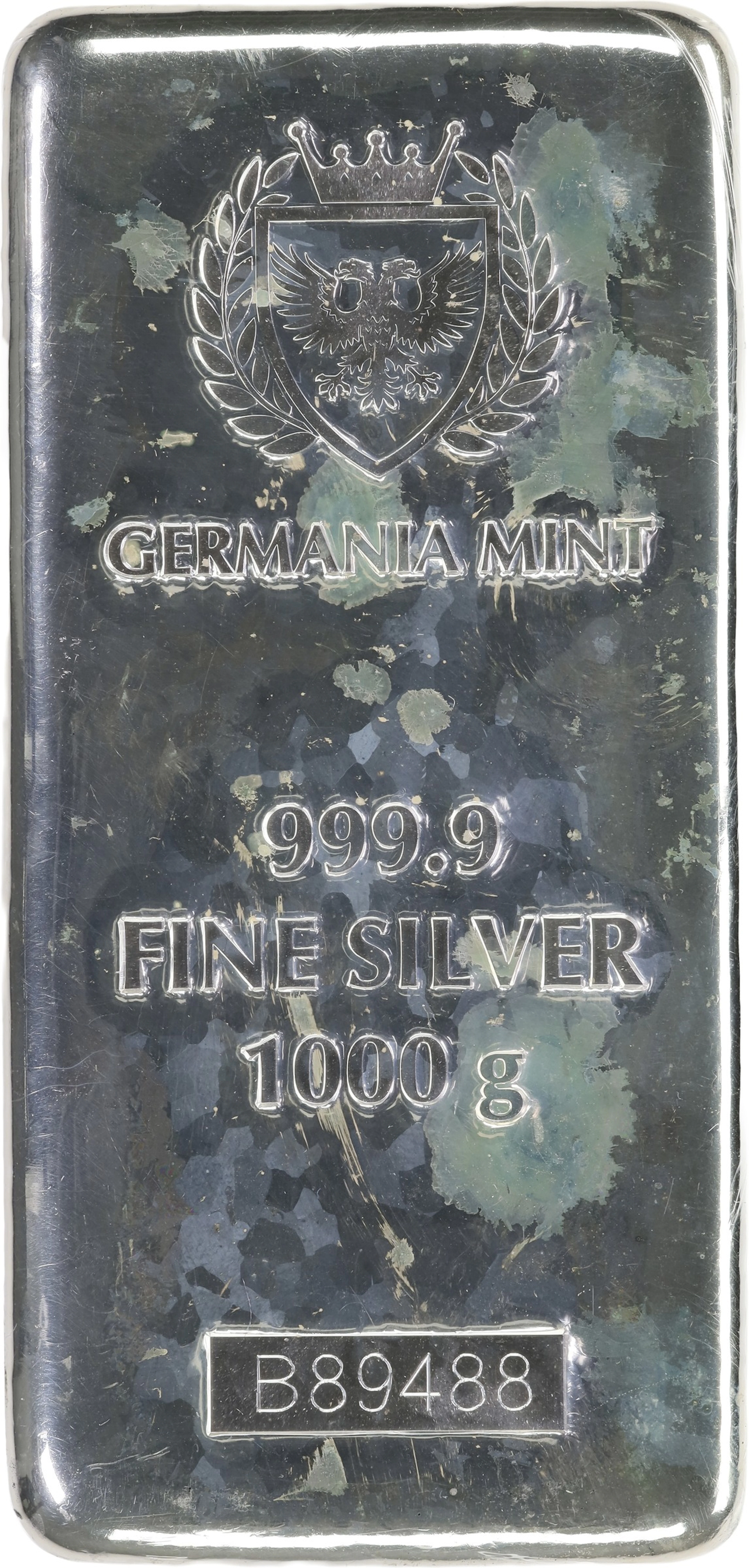 (32.151 oz, 1000 g ASW). Germania Mint 1 Kilo Silver Bar.