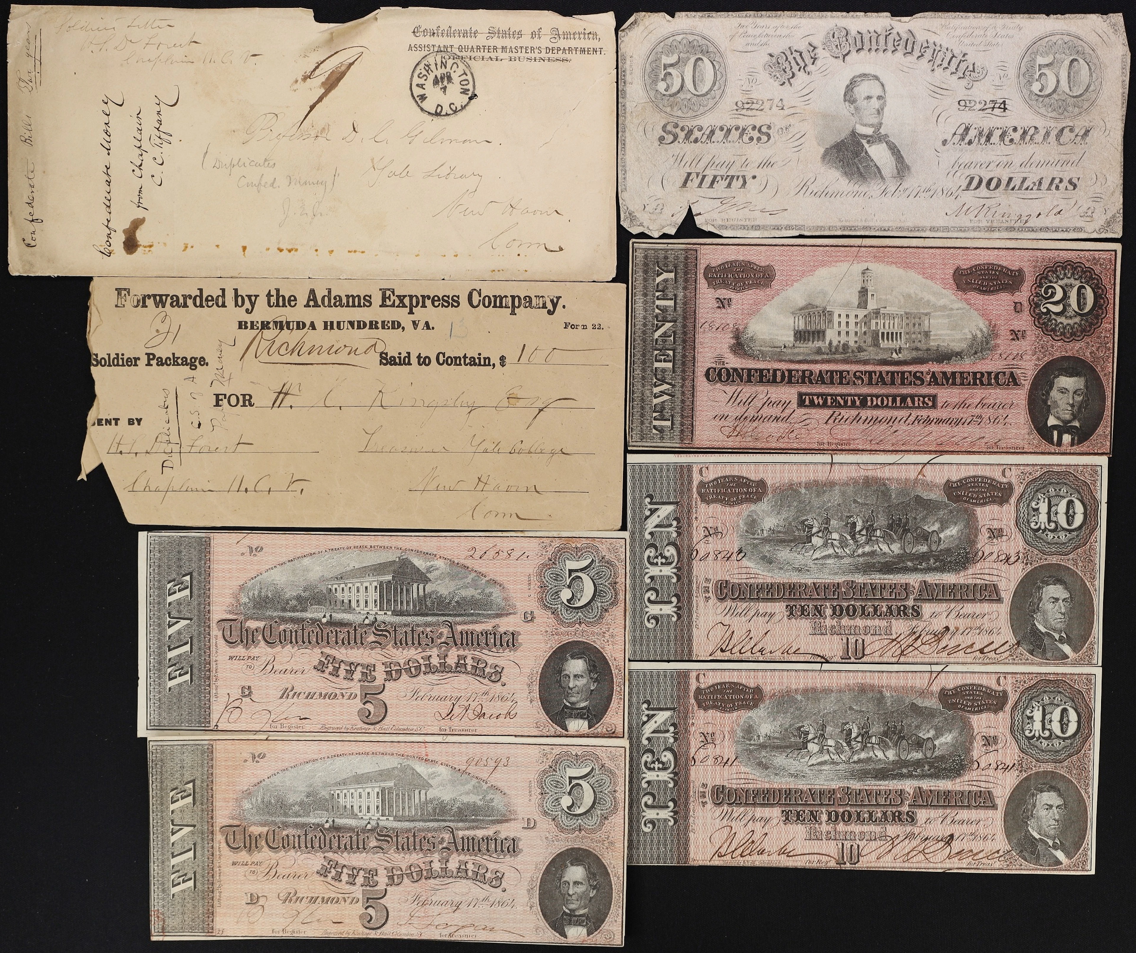 Lot of (6) T-66, T-67, T-68, & T-69. Confederate Currency. 1864 $5