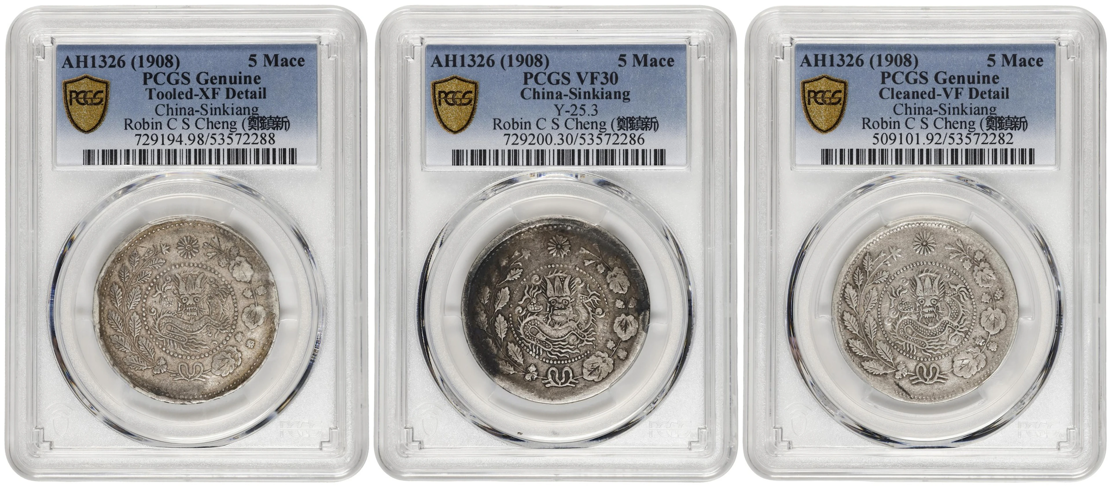 (t) CHINA. Sinkiang. Trio of 5 Mace (Miscals) (3 Pieces), AH 1326