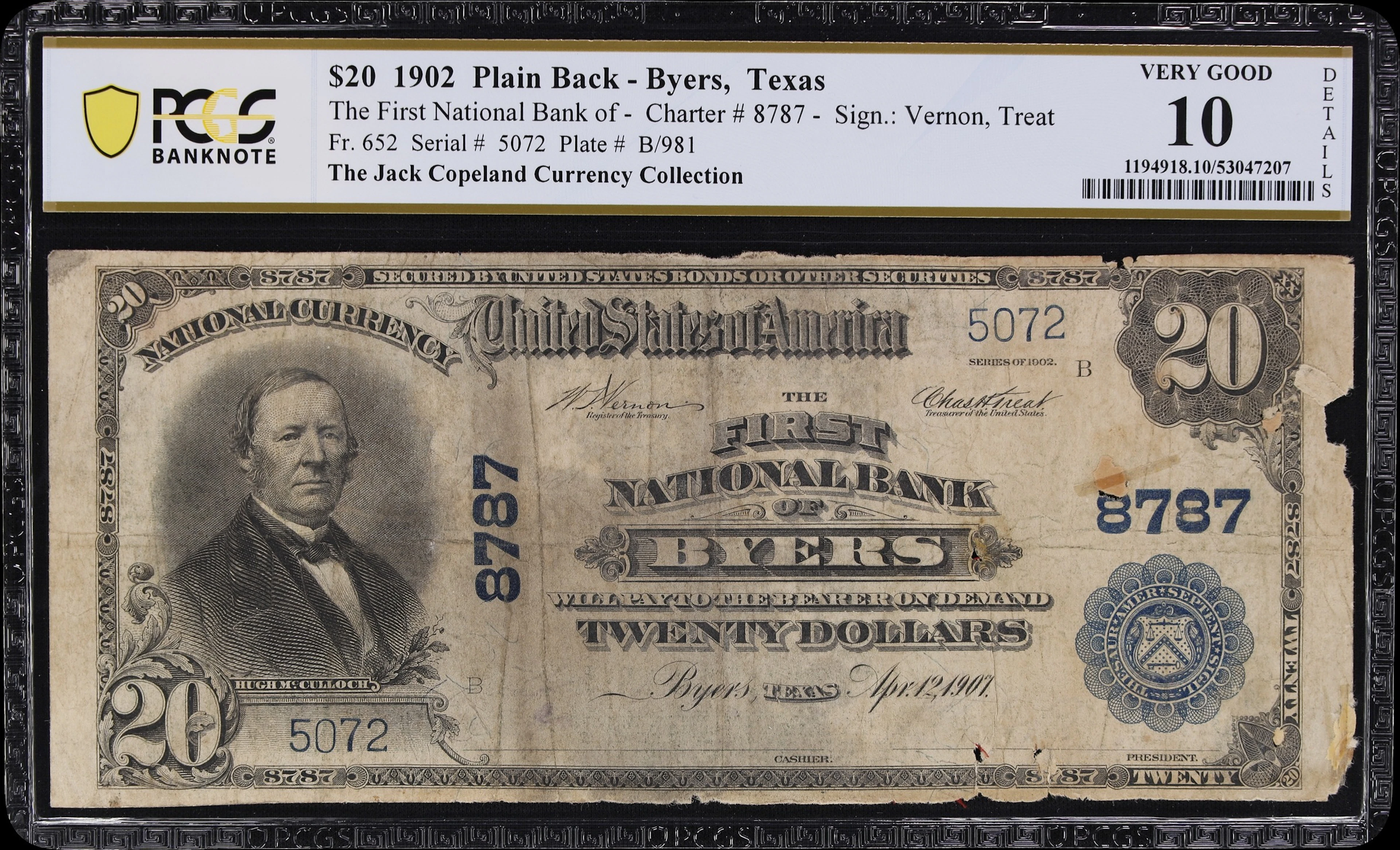 Byers, Texas. $20 1902 Plain Back. Fr. 652. First NB. Charter #8787.