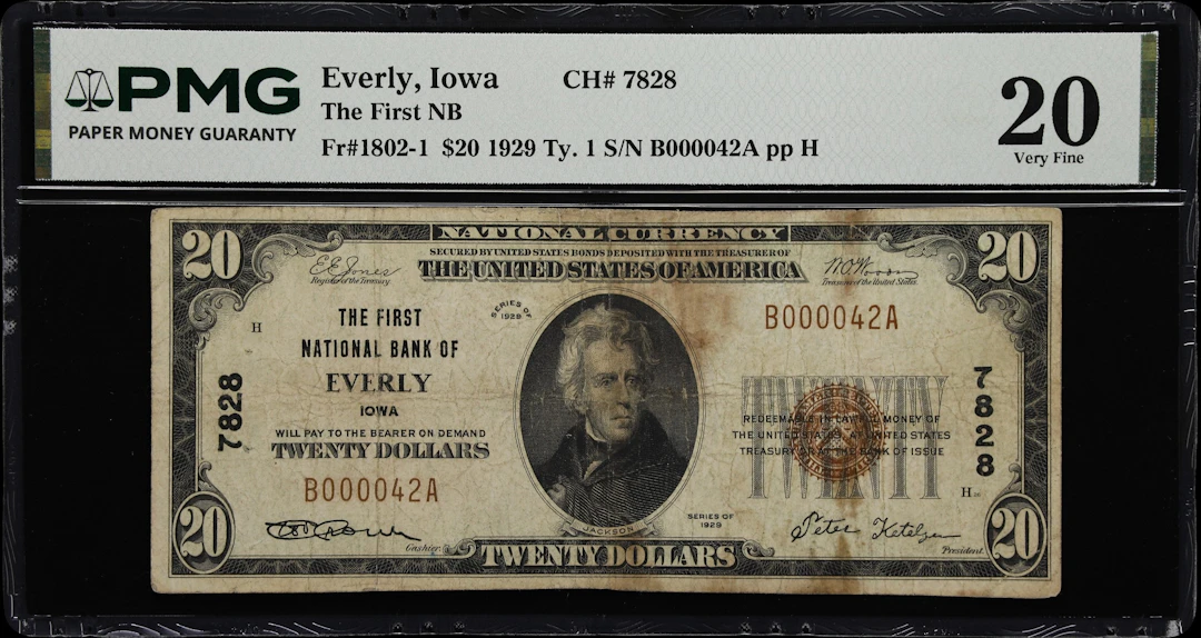Everly, Iowa. $20 1929 Ty. 1. Fr. 1802-1. First NB. Charter #7828.