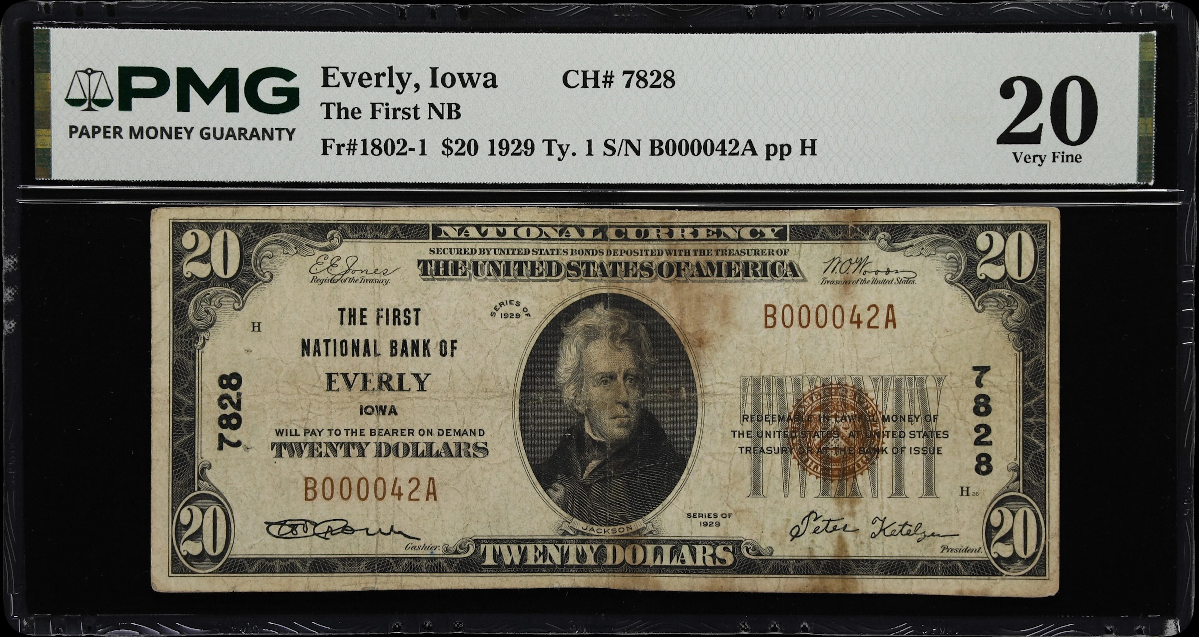 Everly, Iowa. $20 1929 Ty. 1. Fr. 1802-1. First NB. Charter #7828.