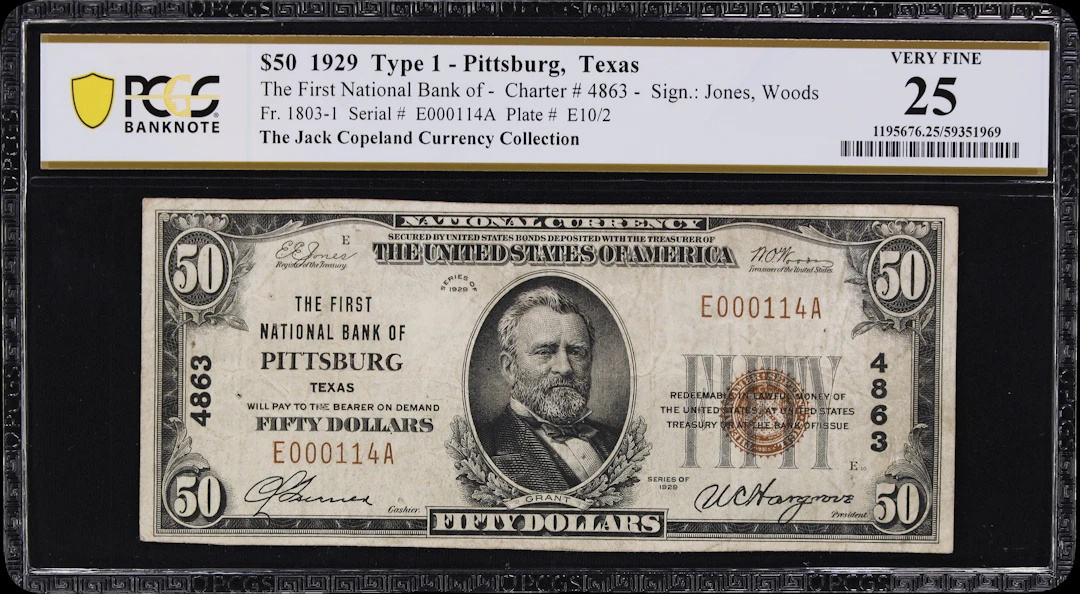 Pittsburg, Texas. $50 1929 Ty. 1. Fr. 1803-1. First NB. Charter #4863.