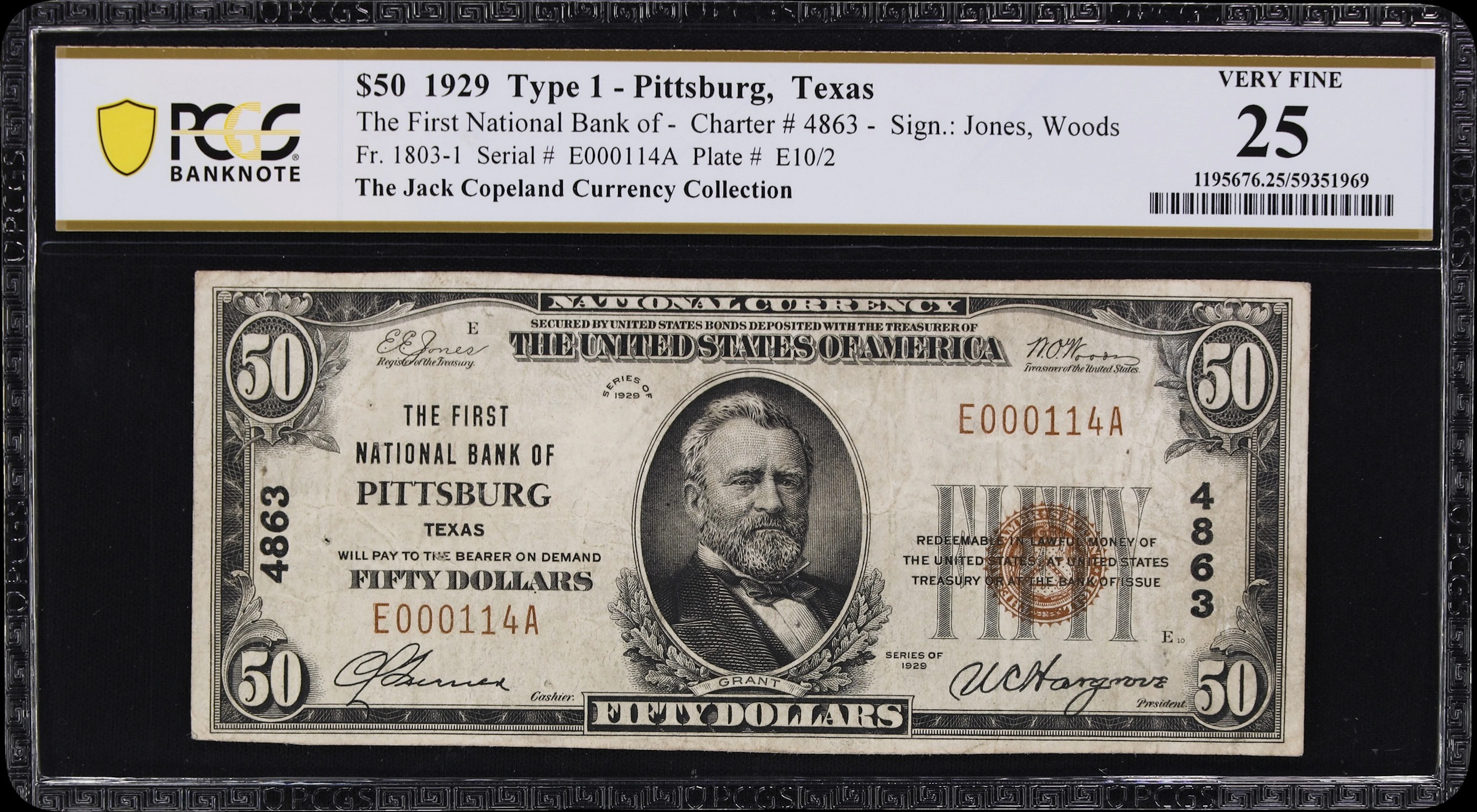 Pittsburg, Texas. $50 1929 Ty. 1. Fr. 1803-1. First NB. Charter #4863.