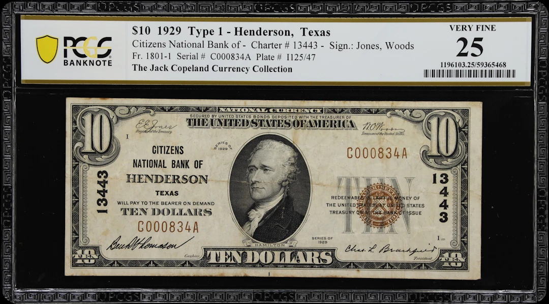 Henderson, Texas. $10 1929 Ty. 1. Fr. 1801-1. Citizens NB. Charter
